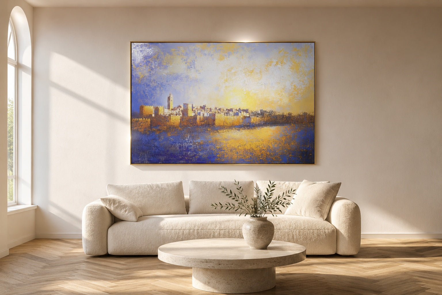 Large gold and blue Jerusalem skyline painting hanging above a curved cream sofa with round stone coffee table