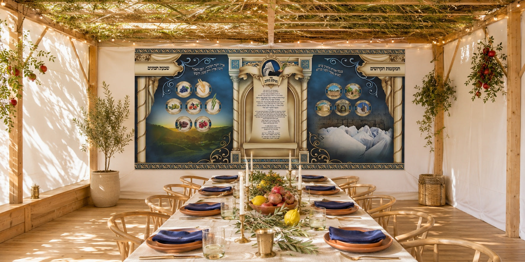 Large Ushpizin wall mural in navy, gold, and ivory above a set holiday table in a sun-drenched modern sukkah with schach roof.