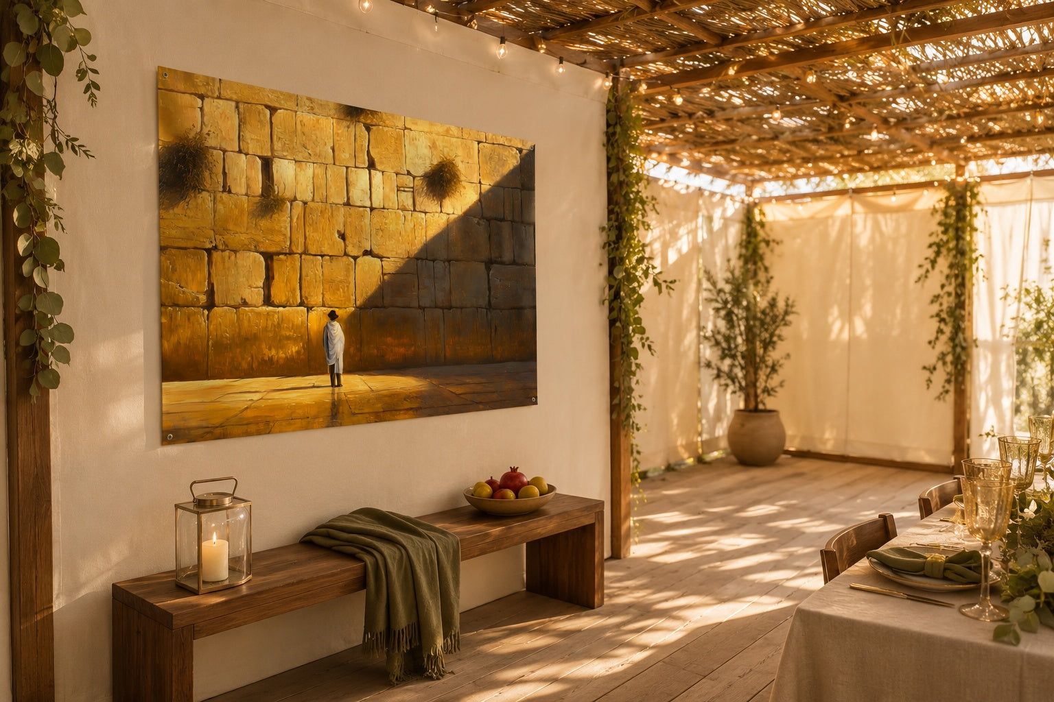 Golden Western Wall painting with a solitary praying figure, hung in a bright sukkah above a wooden bench with lantern and fruit.