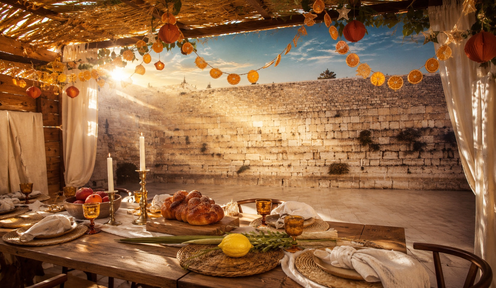 Sukkah dining table with challah, lemon, and candles before a full-wall Western Wall fabric panel at sunset.