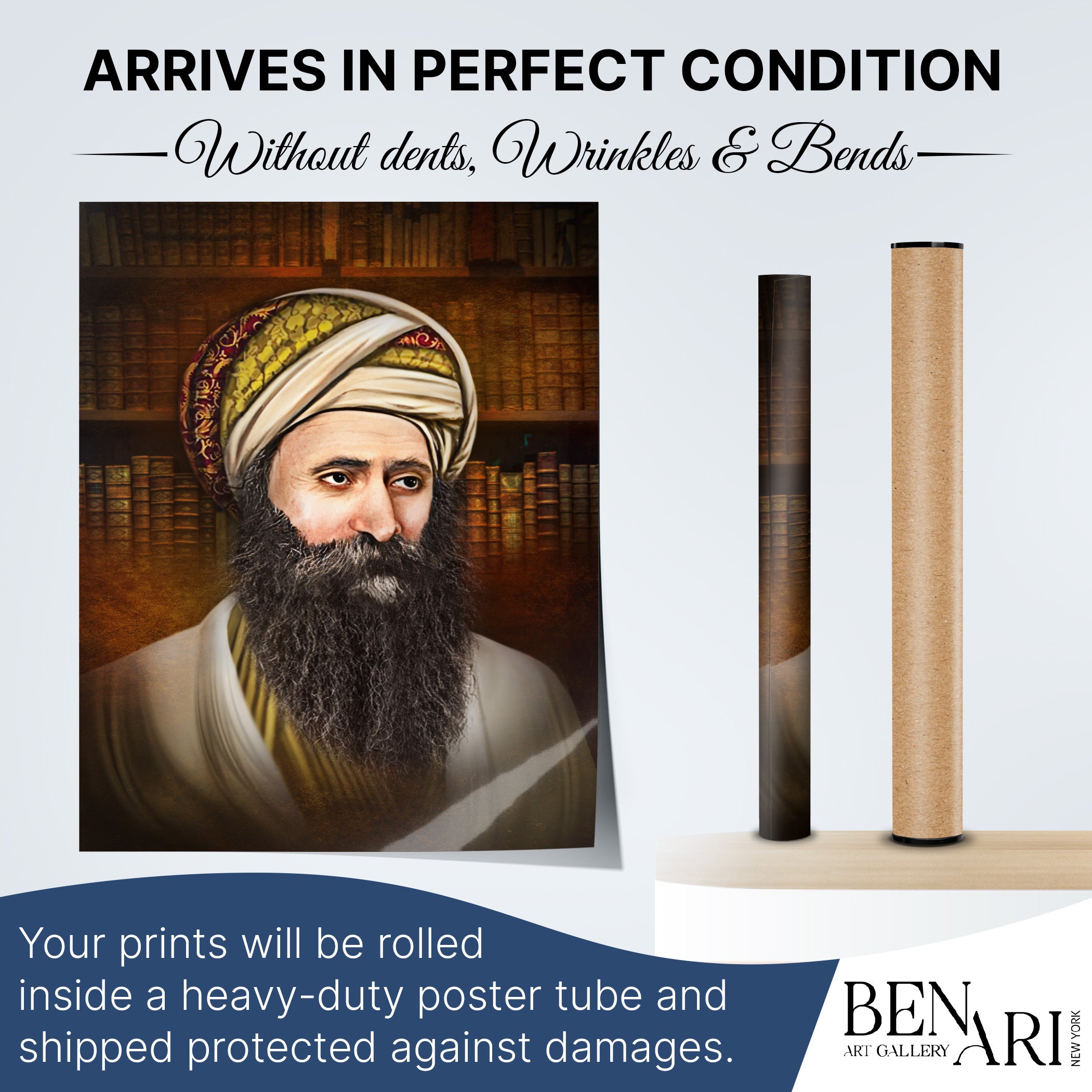 Rabbi Yosef Chaim's Legacy - Third Edition Sukkot Portrait, featuring a bearded man with a turban, ideal for enriching your Sukkah decor.