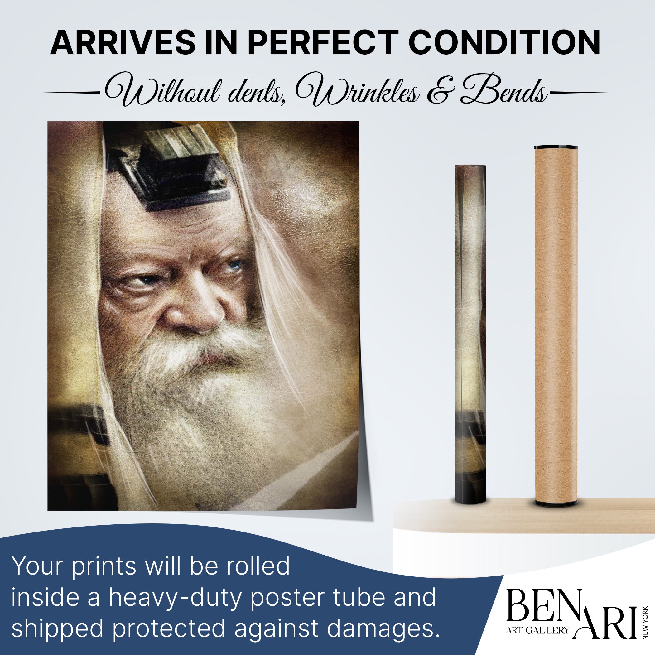 Lubavitch Rebbe in Tefillin - Revered Rabbi Portrait for Sukkot, depicting the Rebbe with tefillin, enhancing spiritual decor for your sukkah celebration.