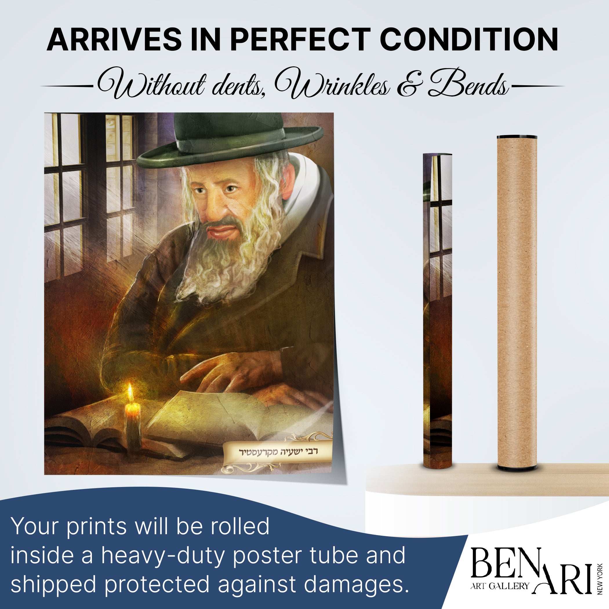 Kerestirer Rebbe Portrait Poster showcasing his wisdom, ideal for spiritual decor. Features a detailed portrayal of the revered Jewish leader, enhancing any contemplative space.