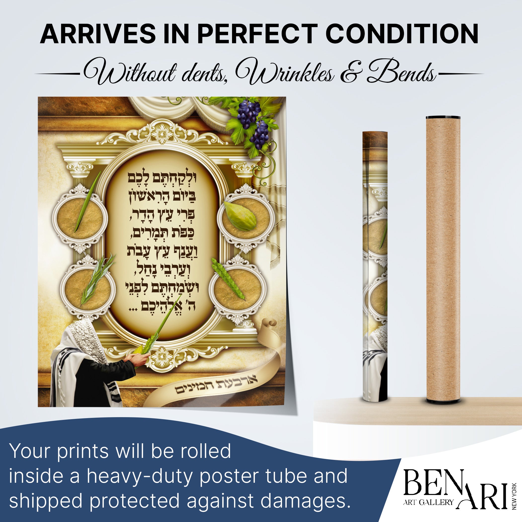 Four Species Elegance - Second Edition Sukkot Poster featuring artistic renditions of etrog, lulav, hadas, and aravah, enhancing your sukkah decor with cultural significance.