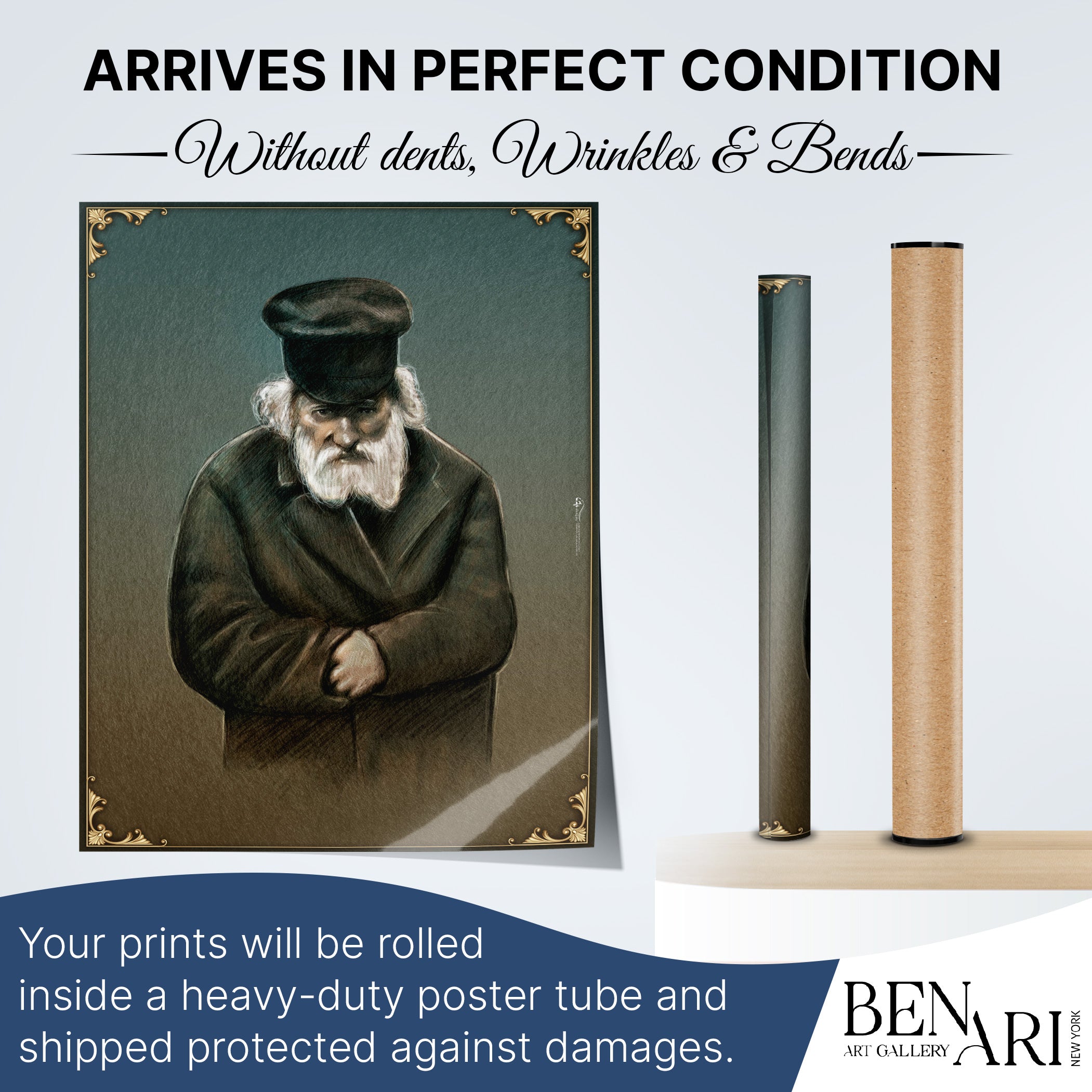 Chofetz Chaim Artistic Portrait - Ethical Wisdom for Sukkot poster featuring a man with a beard and hat, enhancing Sukkah decor with spiritual reflection.