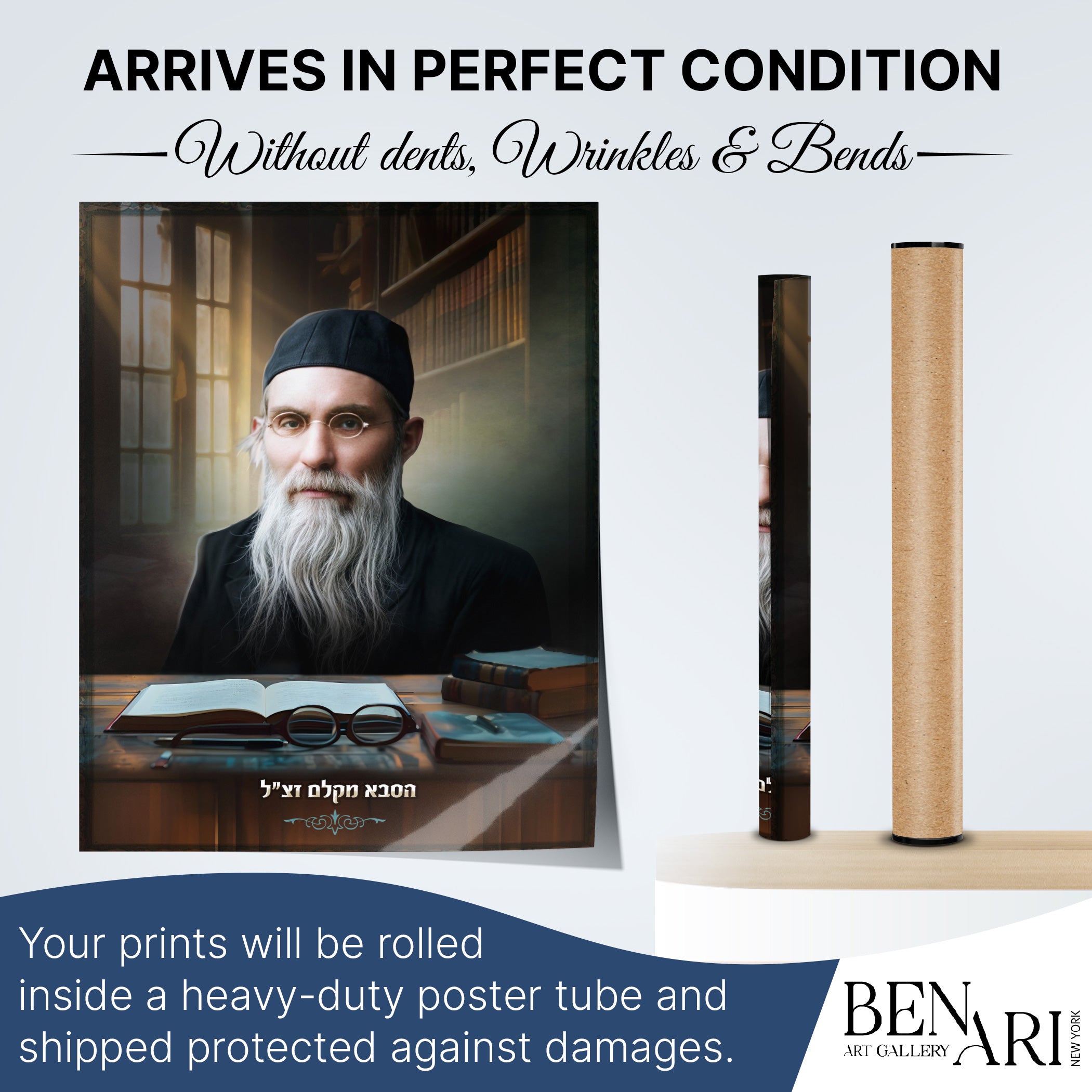 Sukkah Decoration – Portrait of Saba of Kelem, Rabbi Simcha Zissel Ziv, sitting at a table, ideal for adding spirituality to Sukkot celebrations.