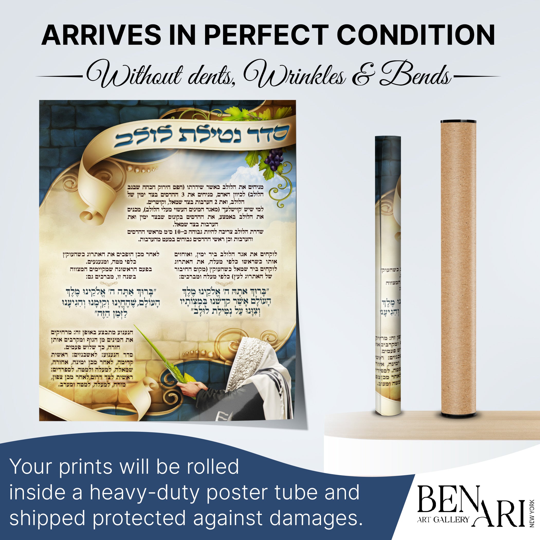 Seder Netilat Lulav Prayer Poster: A visually detailed guide for Sukkot rituals, featuring prayer instructions and artistic Sukkot-themed elements. Ideal for enhancing your celebration.