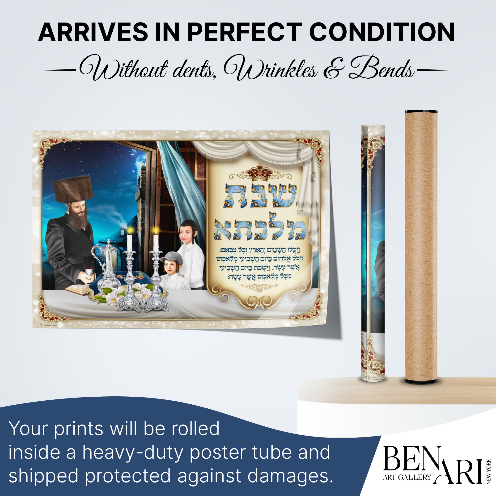 Chasidic Family Lighting Shabbat Candles Poster - Heartwarming Sukkah Art depicts a serene family moment, ideal for enhancing spiritual ambiance in homes or Sukkahs.