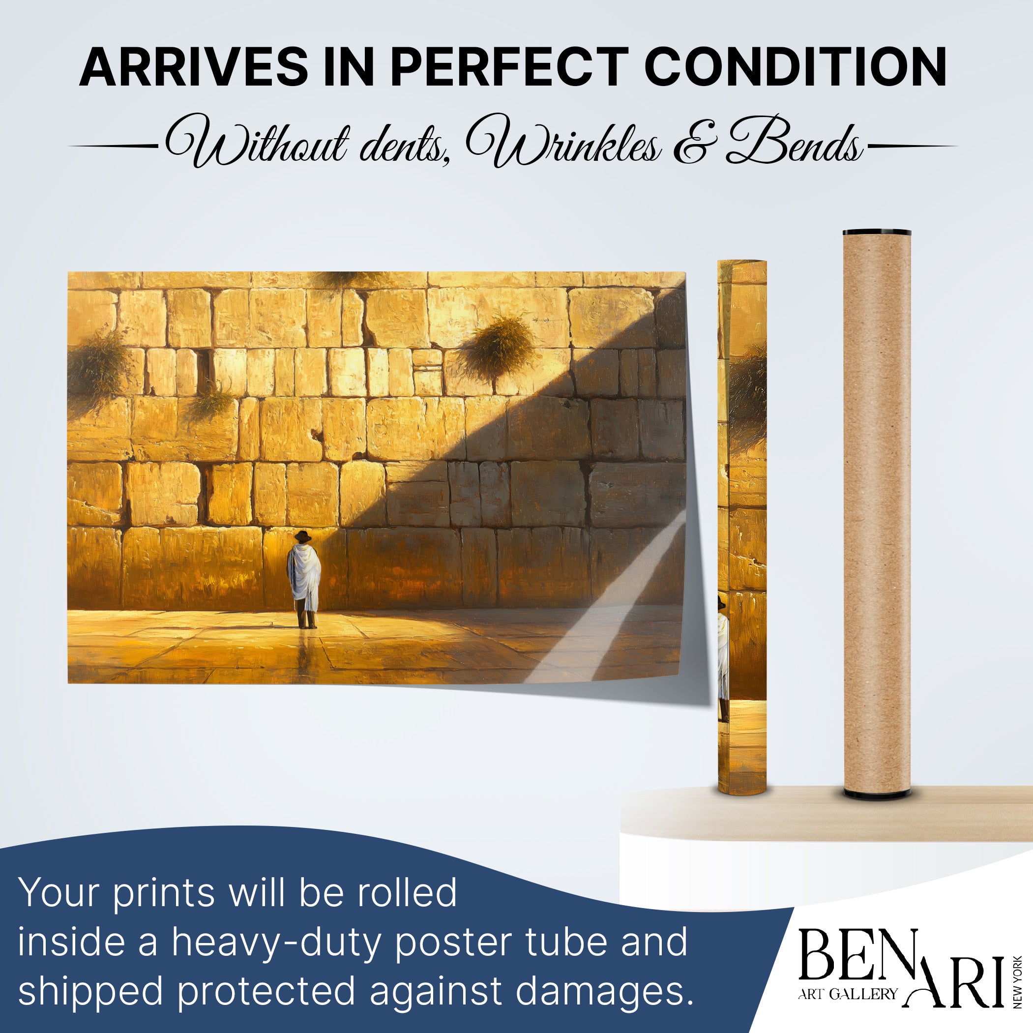 Western Wall prayer poster, perfect Sukkah decoration, arrives protected in a sturdy tube, ideal Sukkot decor.