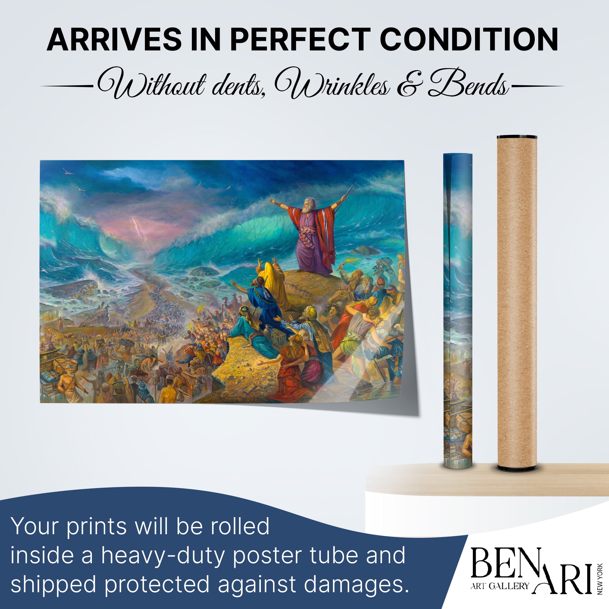 Alex Levin Artwork - Colorful Splitting of the Sea Poster for Sukkah Decor, depicting Israelites crossing the sea, accompanied by a brown tube for storage.