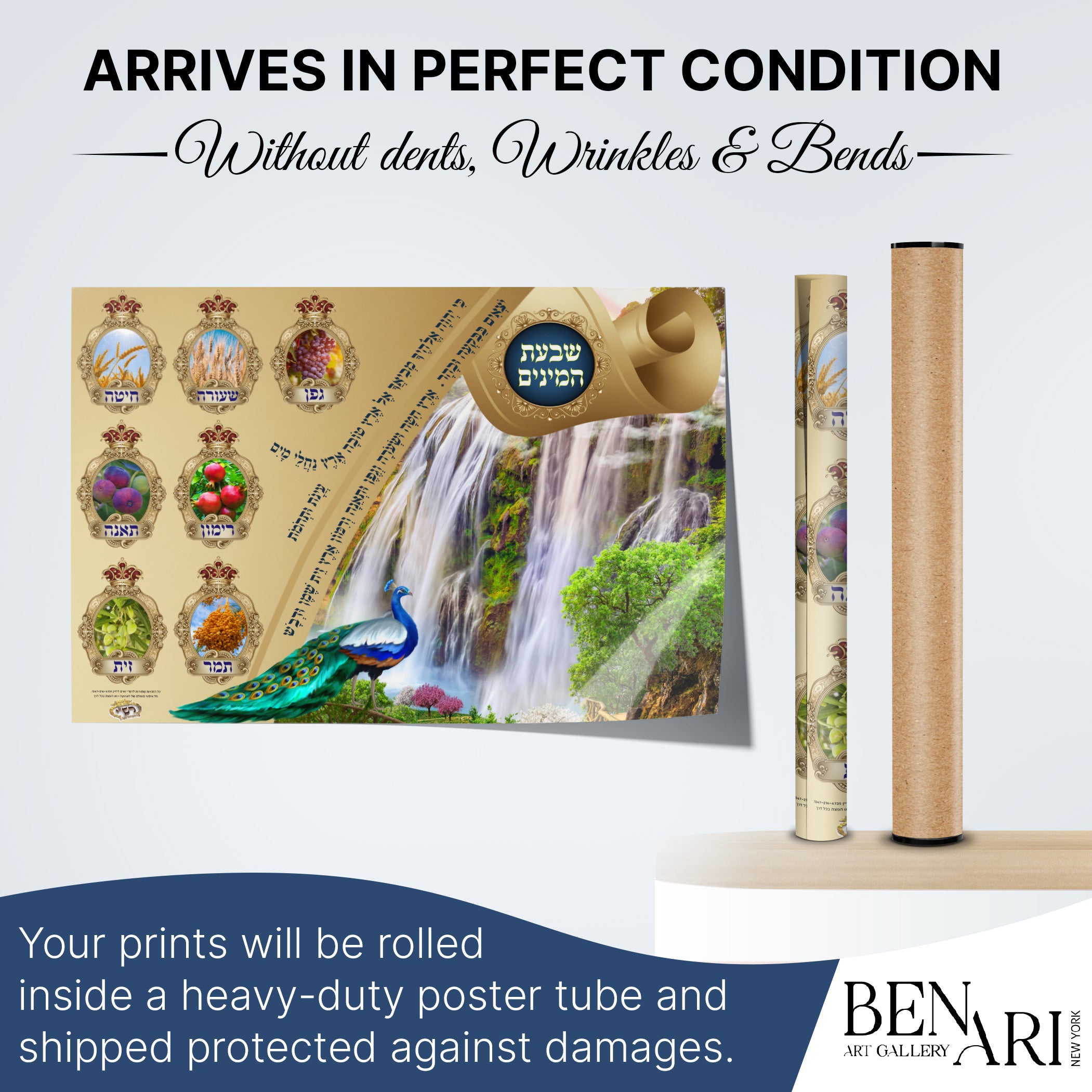 Seven Species Sukkah Poster featuring artistic illustrations of wheat, barley, grapes, figs, pomegranates, olives, and dates, celebrating Sukkot's agricultural heritage.