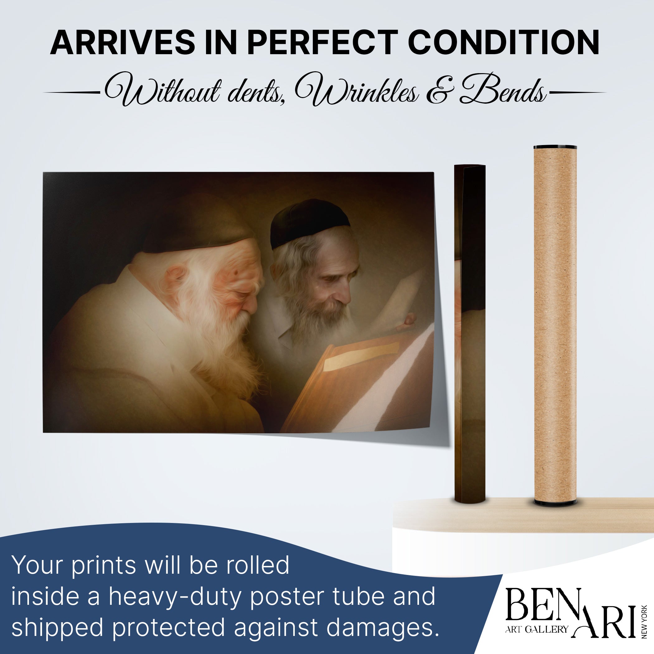 Rabbis Kanyevsky & Shteinman Sukkah Poster depicting two rabbis reading, perfect for enhancing Sukkot decor with spiritual and artistic inspiration.