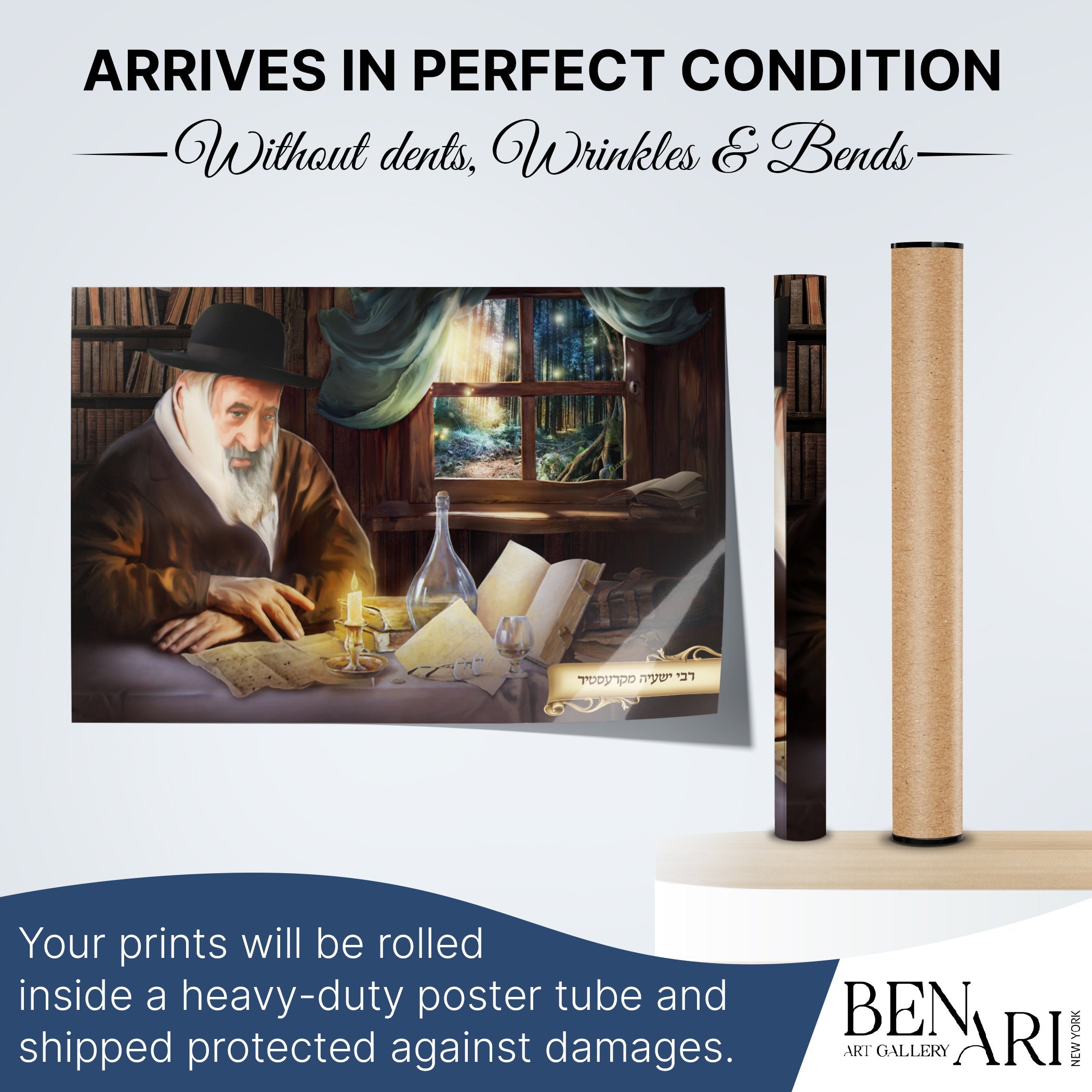 Artistic Portrait of Kerestir Rabbi - Unique Sukkah Wall Art, featuring a bearded man writing, with a glass bottle nearby, symbolizing spiritual leadership and inspiration.