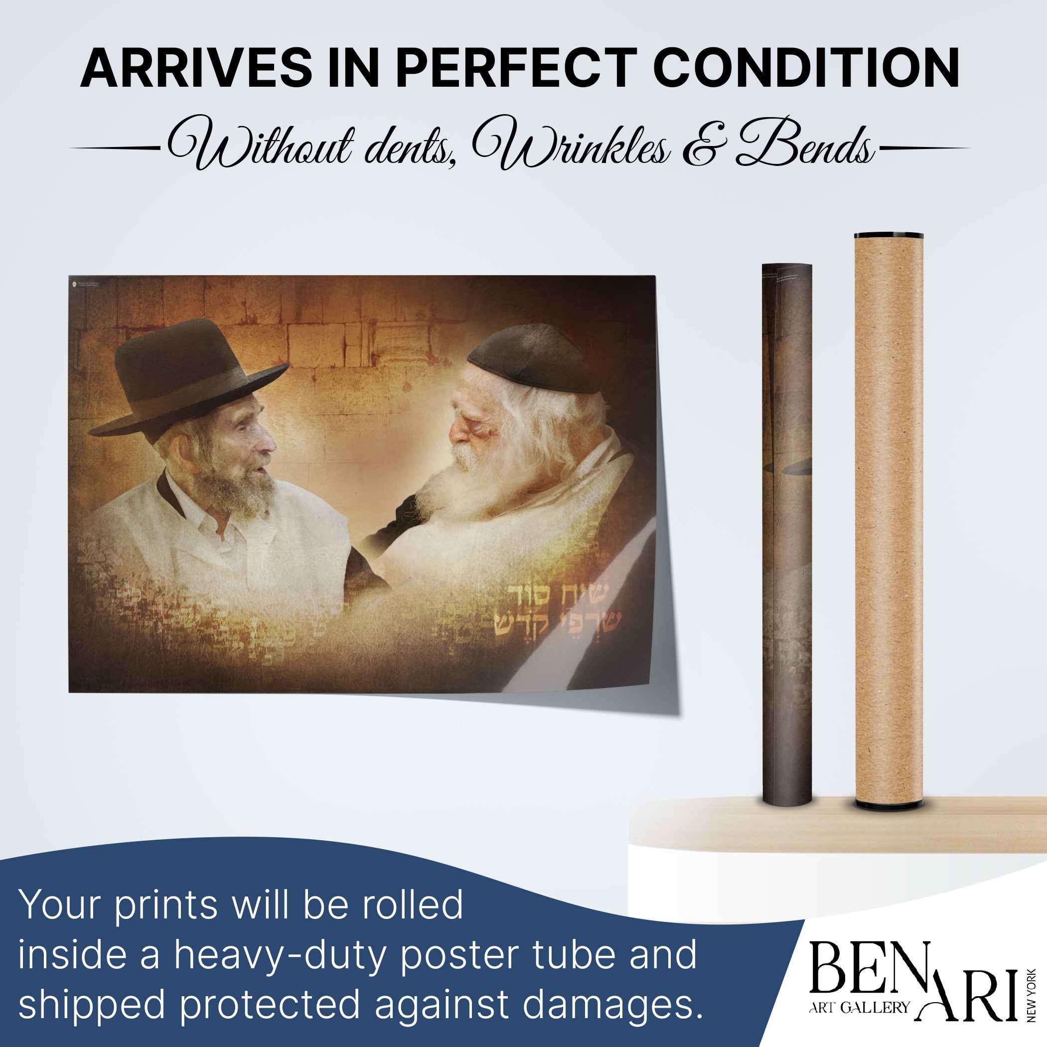 Rabbi Chaim Kanievsky & Rabbi Shteinman Portrait Poster - Distinguished Sukkah Decor, featuring two esteemed Rabbis in hats, ideal for enhancing Jewish celebrations.
