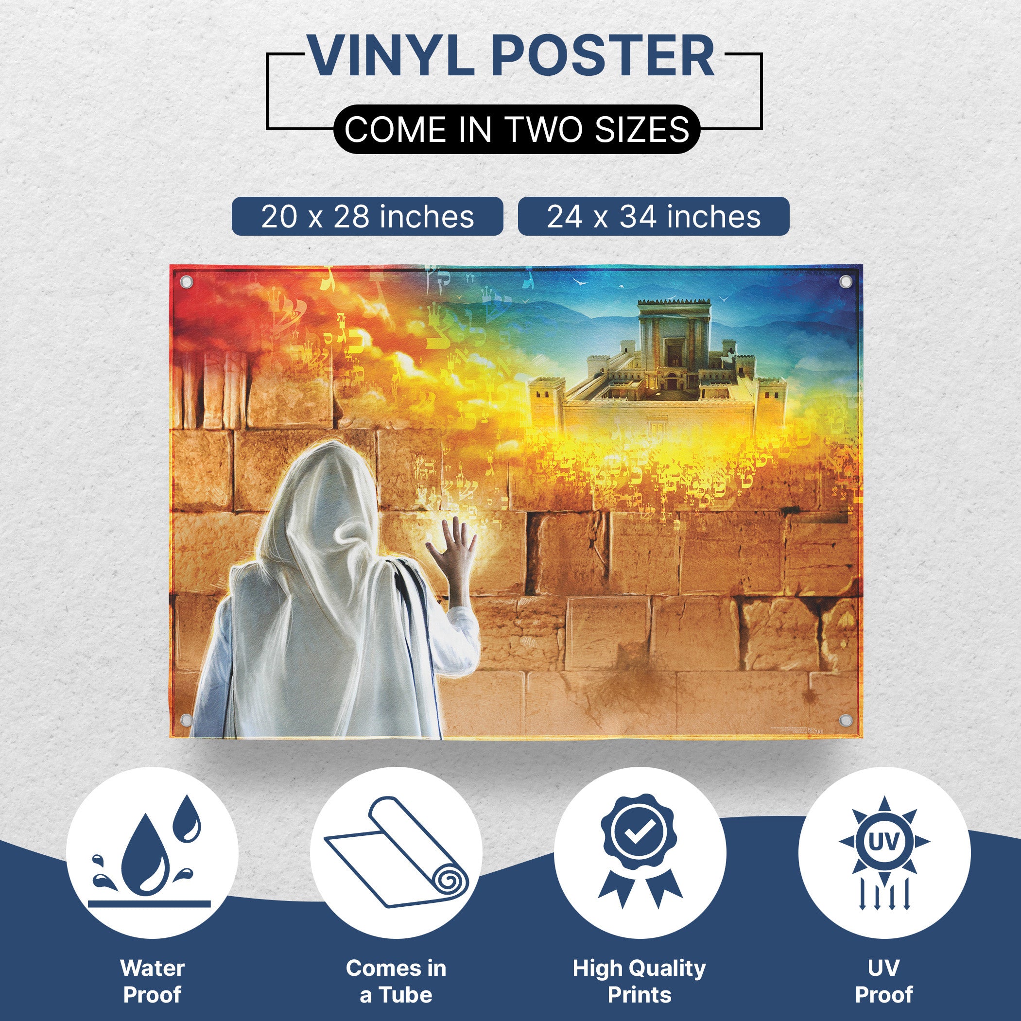 Prayer at Western Wall Poster featuring a Jewish person in a Tallit praying, capturing spiritual devotion for enhancing a Sukkah's atmosphere.