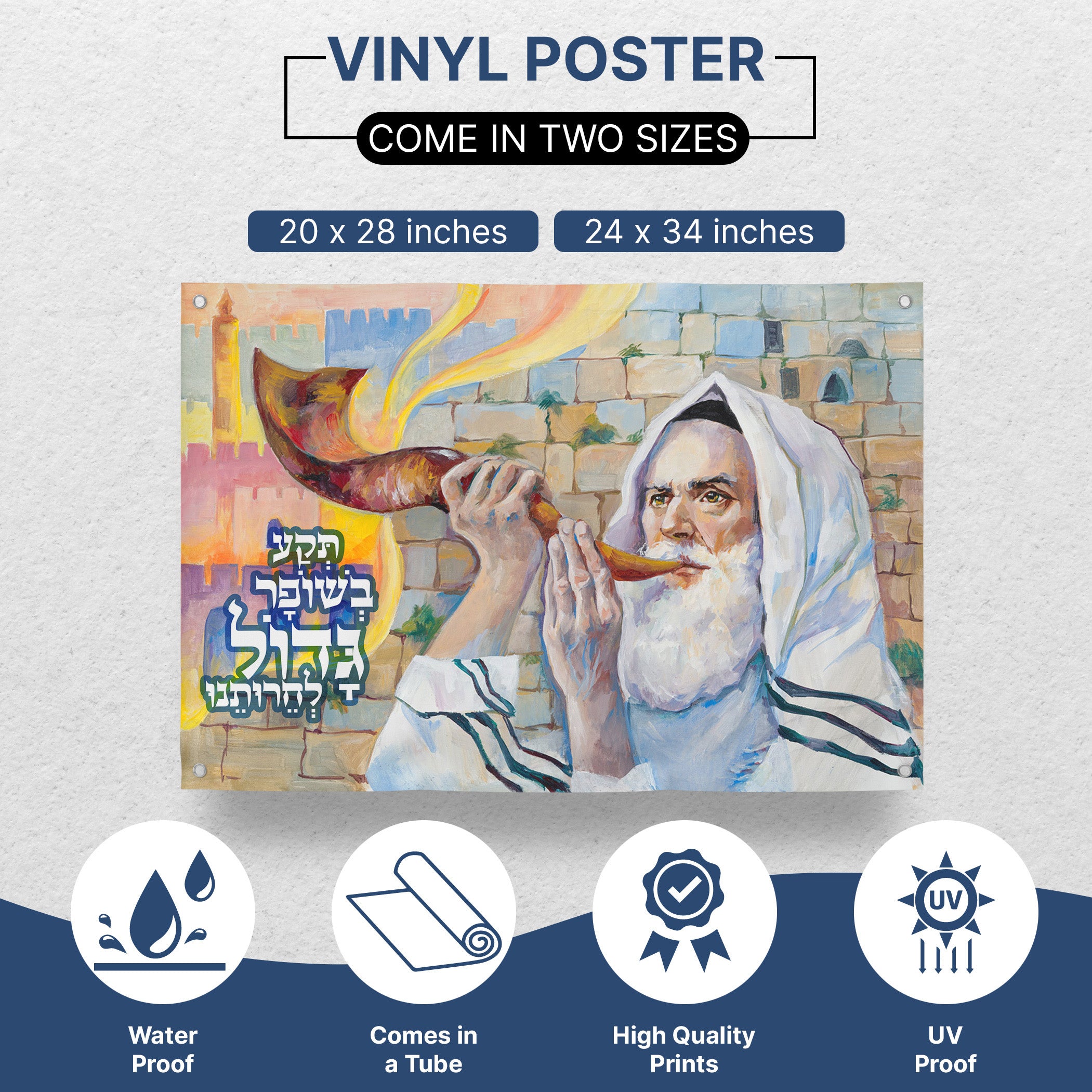 Sound the Great Shofar - Colorful Rabbi and Shofar Sukkot Poster features a rabbi blowing a shofar with a meaningful pasuk, ideal for Sukkot decorations.