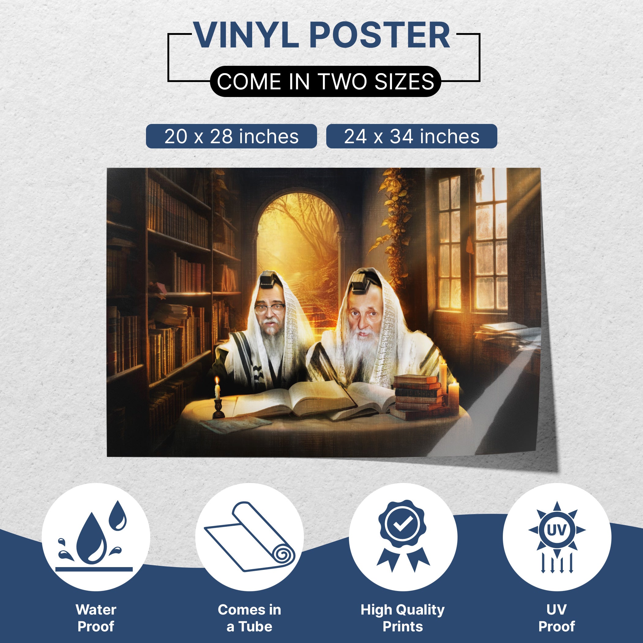 Satmar Rabbis Torah study artwork, ideal sukkah decoration, available in two poster sizes for Sukkot decor.