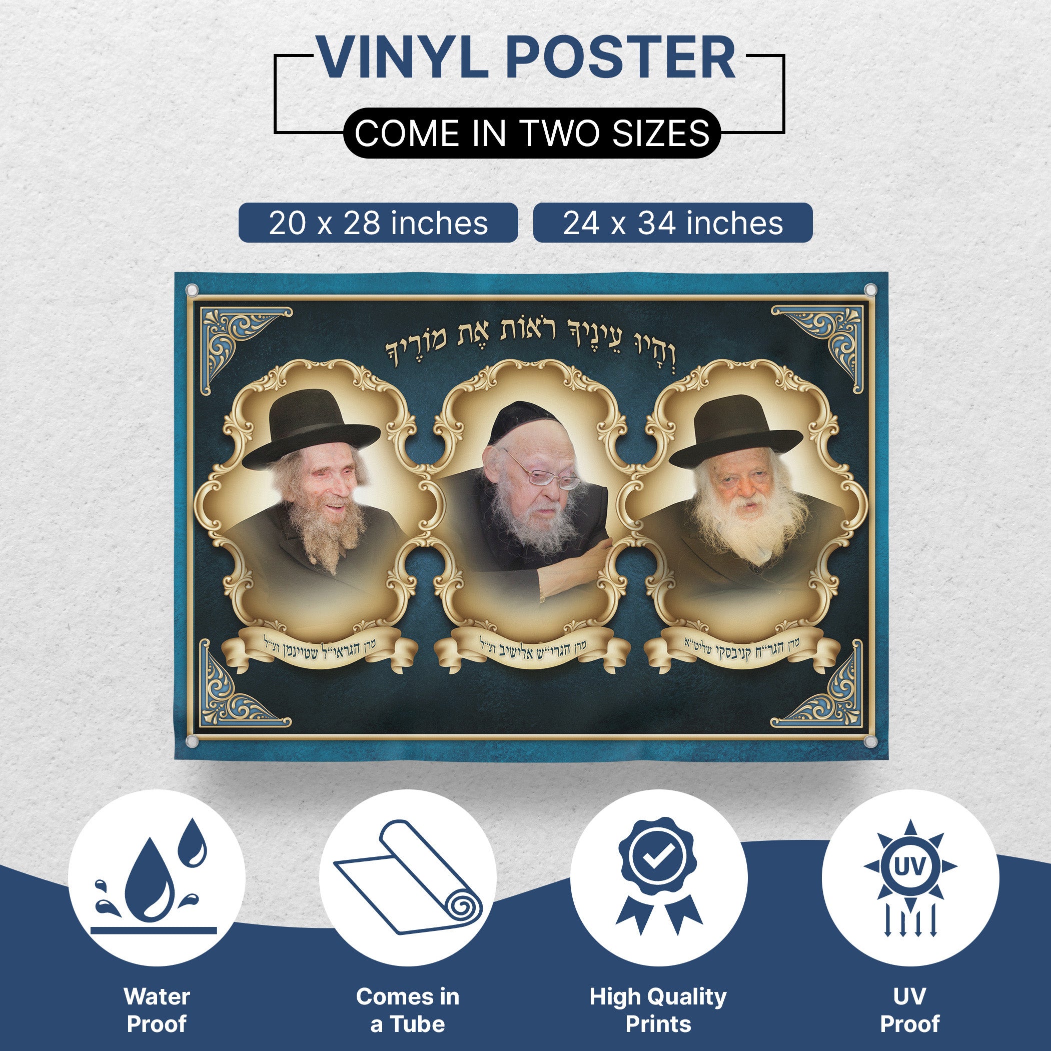 Great Rabbis Triptych Poster - Graphic Portraits for Sukkah Decor featuring three bearded rabbis' portraits, symbolizing spiritual leadership in a modern artistic style.