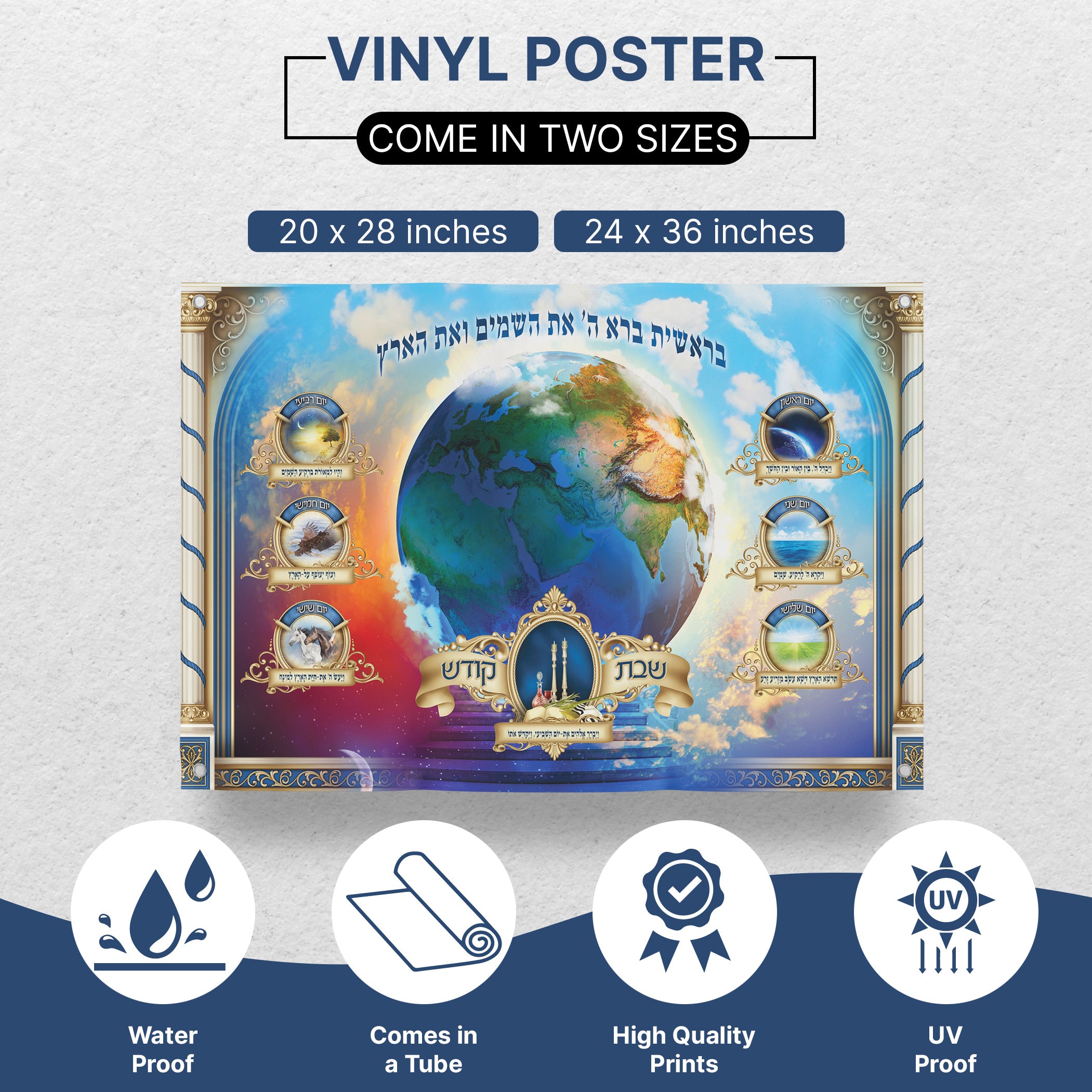 Genesis Reimagined - Seven Days of Creation, Second Edition for Sukkot poster, featuring a globe and artistic depictions of creation days, ideal for sukkah decoration.