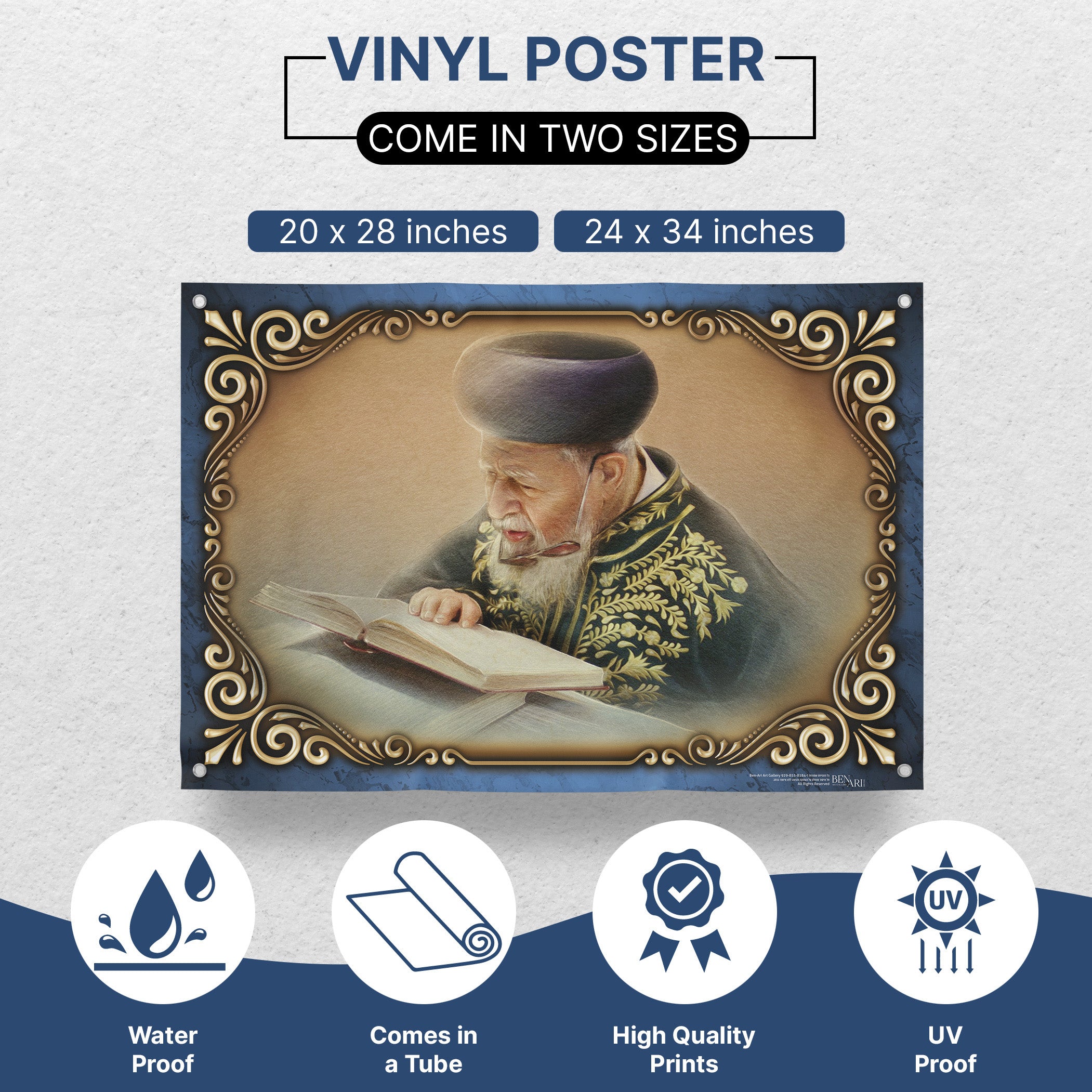 Rabbi Ovadia Yosef's Torah Insight - Fourth Edition Sukkot Poster features the Rabbi deeply engaged in Torah study, enhancing Sukkot decor with spiritual depth.