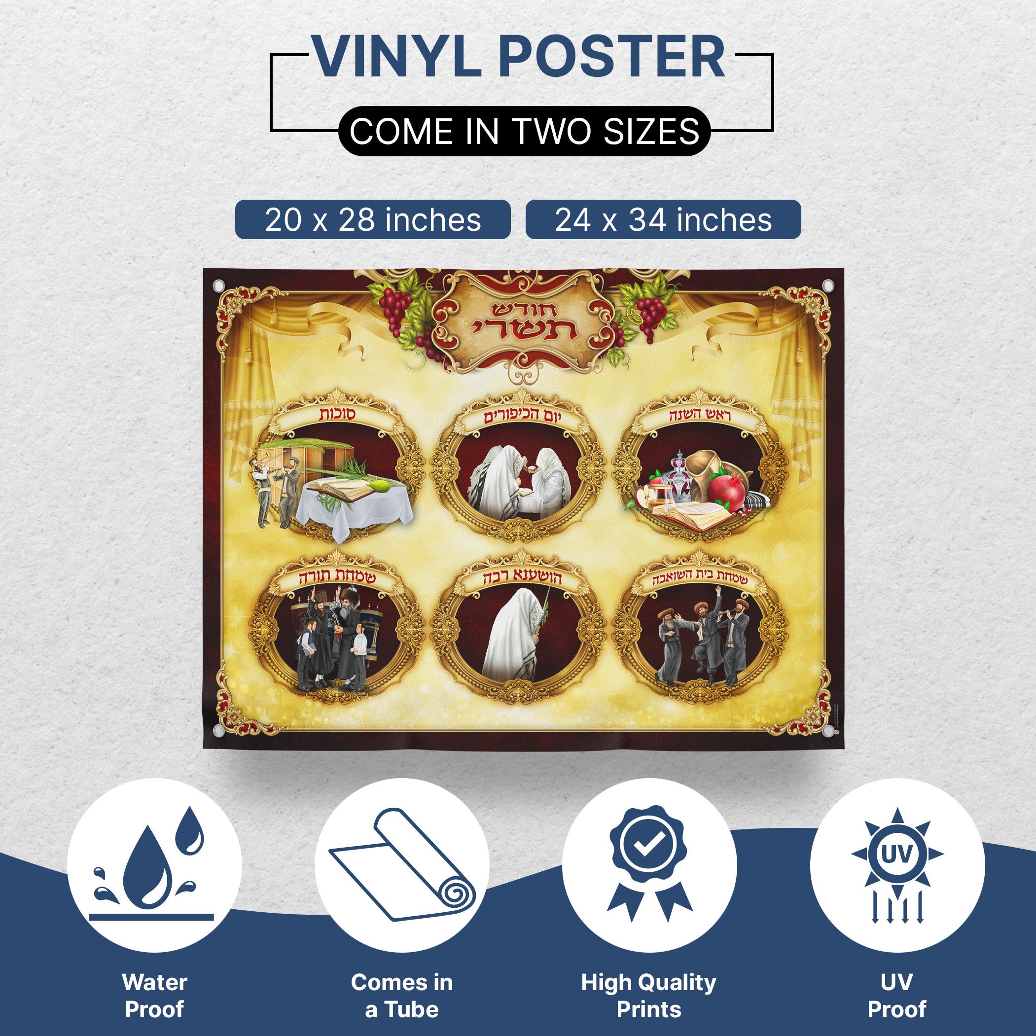 Tishrei Jewish Holidays Poster - Comprehensive Festivals Art for Sukkah featuring vibrant illustrations of Jewish festivals, enhancing educational and decorative Sukkot displays.