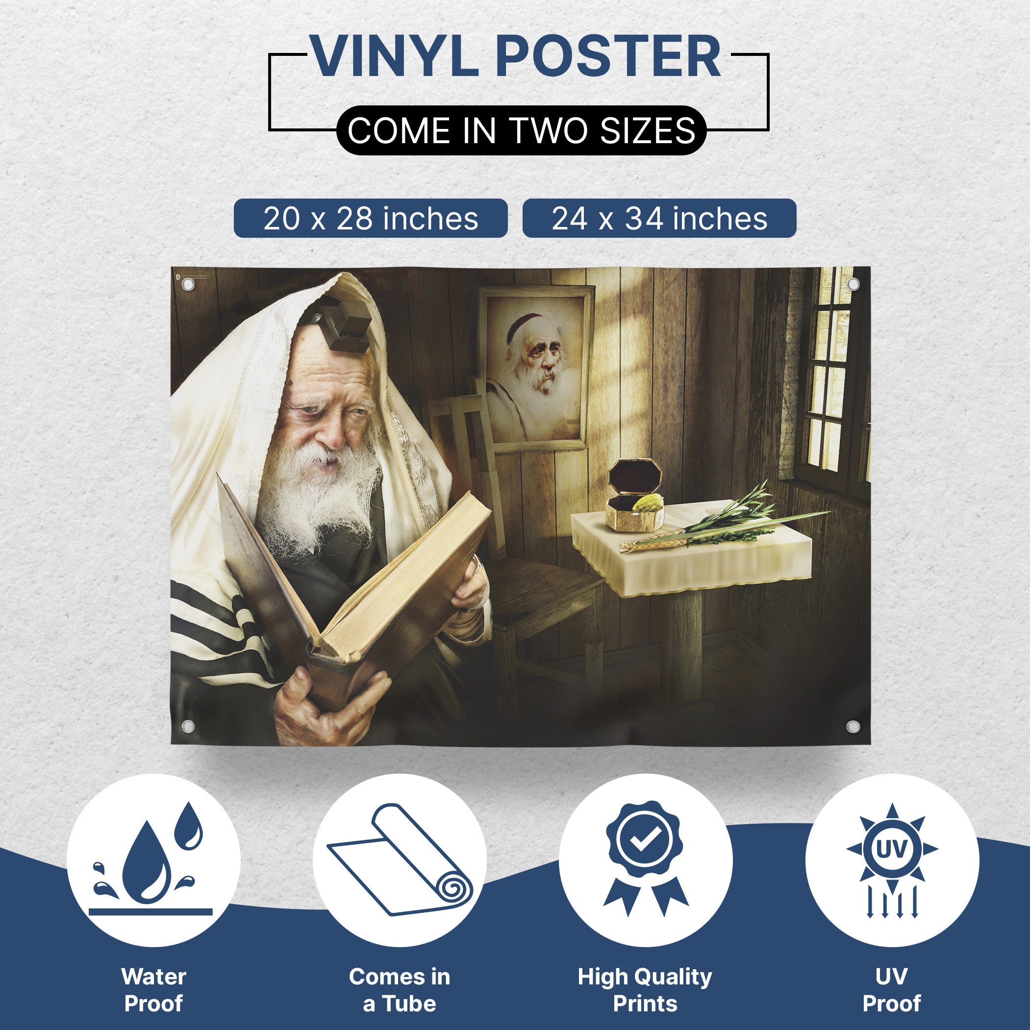 Rabbi Chaim Kanievsky – A Portrait of Wisdom for Sukkot, featuring the Rabbi reading, perfect for enhancing Sukkah decor with spiritual inspiration.