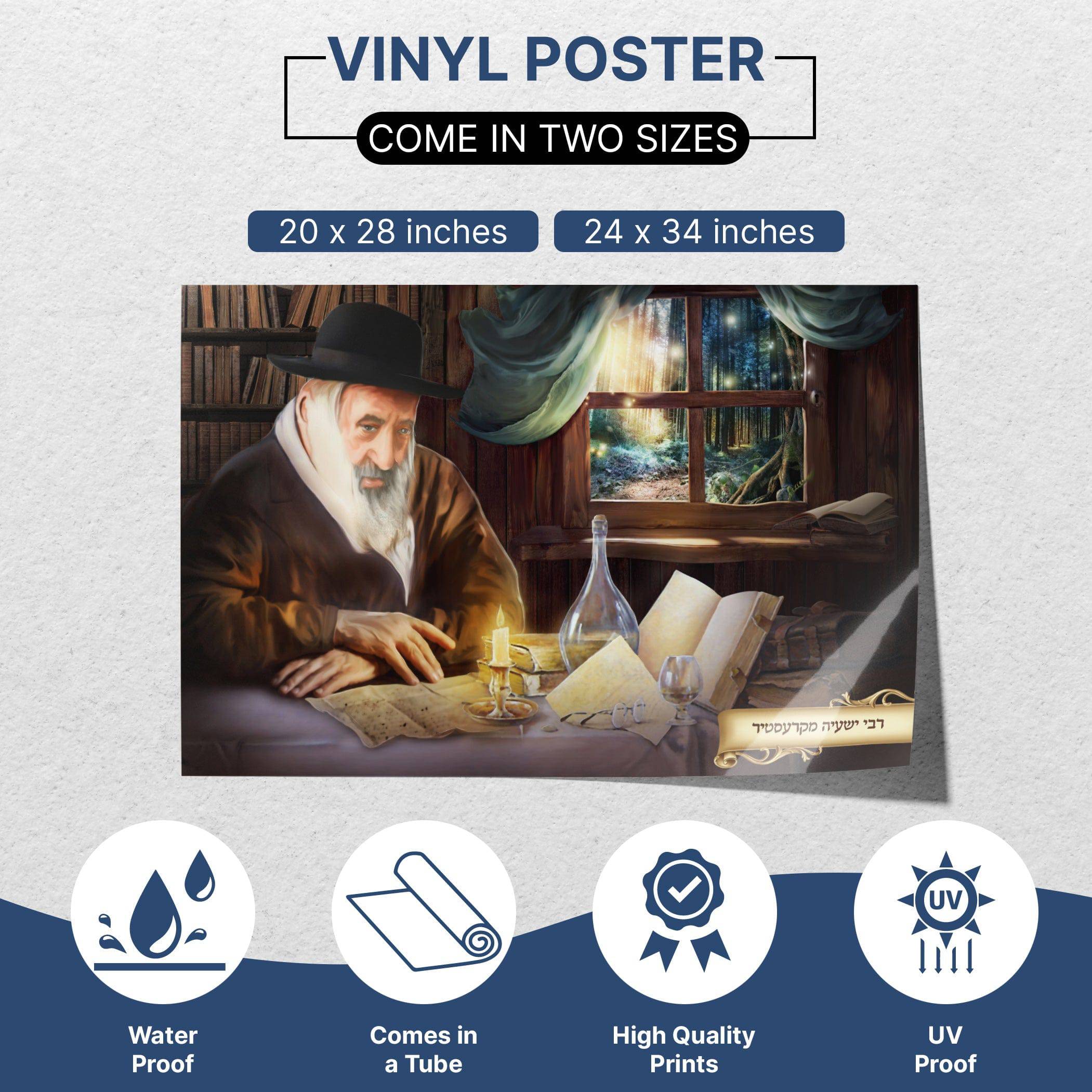 Artistic Portrait of Kerestir Rabbi - Unique Sukkah Wall Art, featuring the Rabbi reading a book, ideal for spiritual and decorative use.