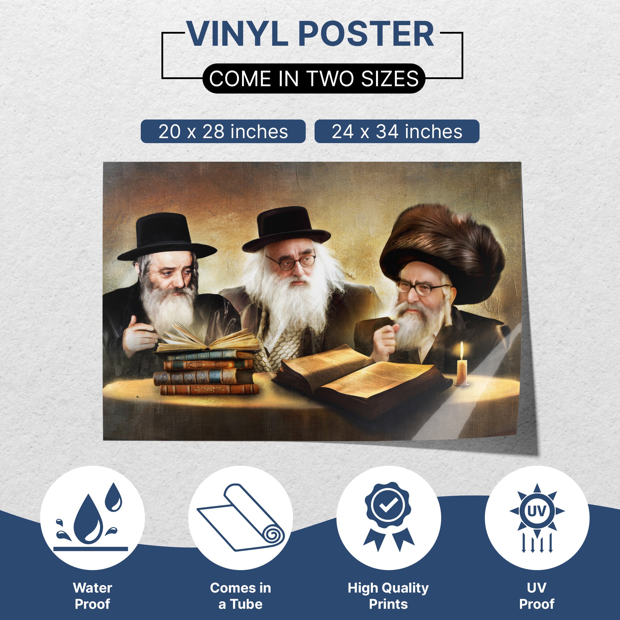 "Vizhnitz Rabbis Torah study sukkah poster, available in two sizes, ideal for Sukkot decor."