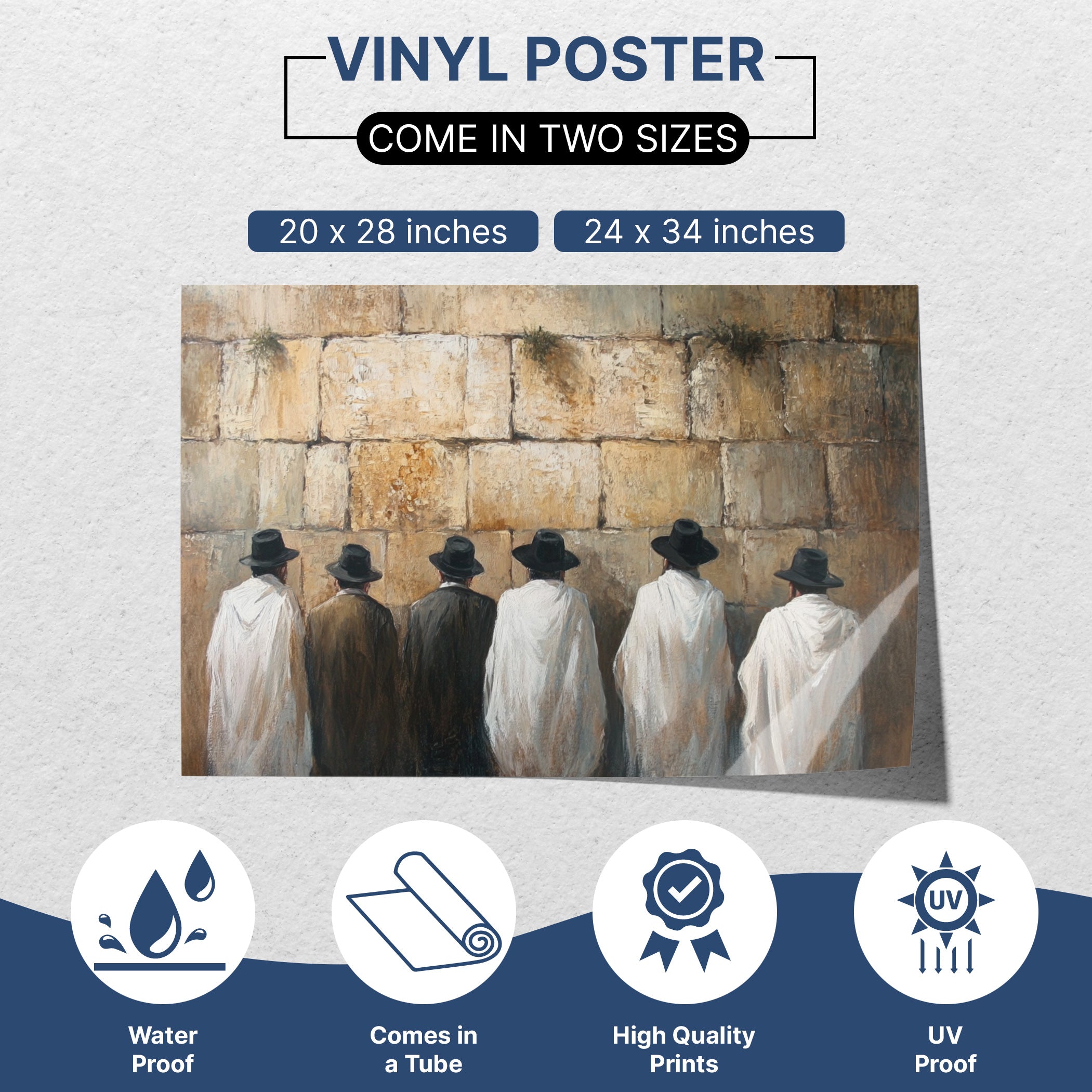 Western Wall Sukkah poster showing praying Jews, ideal for Sukkot decor with waterproof, UV proof vinyl.