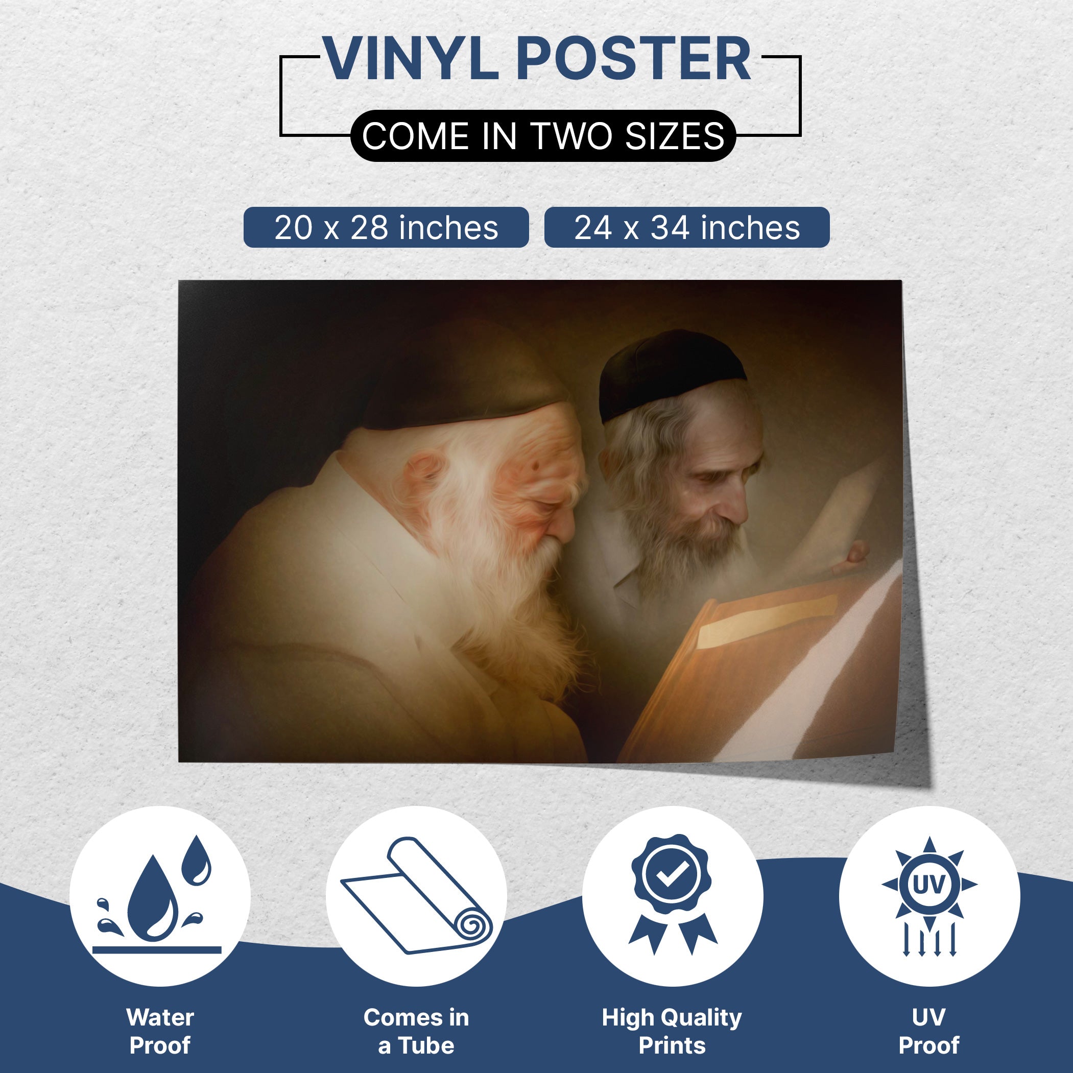 Rabbis Kanyevsky & Shteinman Sukkah Poster featuring the two rabbis engrossed in Torah study, perfect for inspiring Sukkot decor.