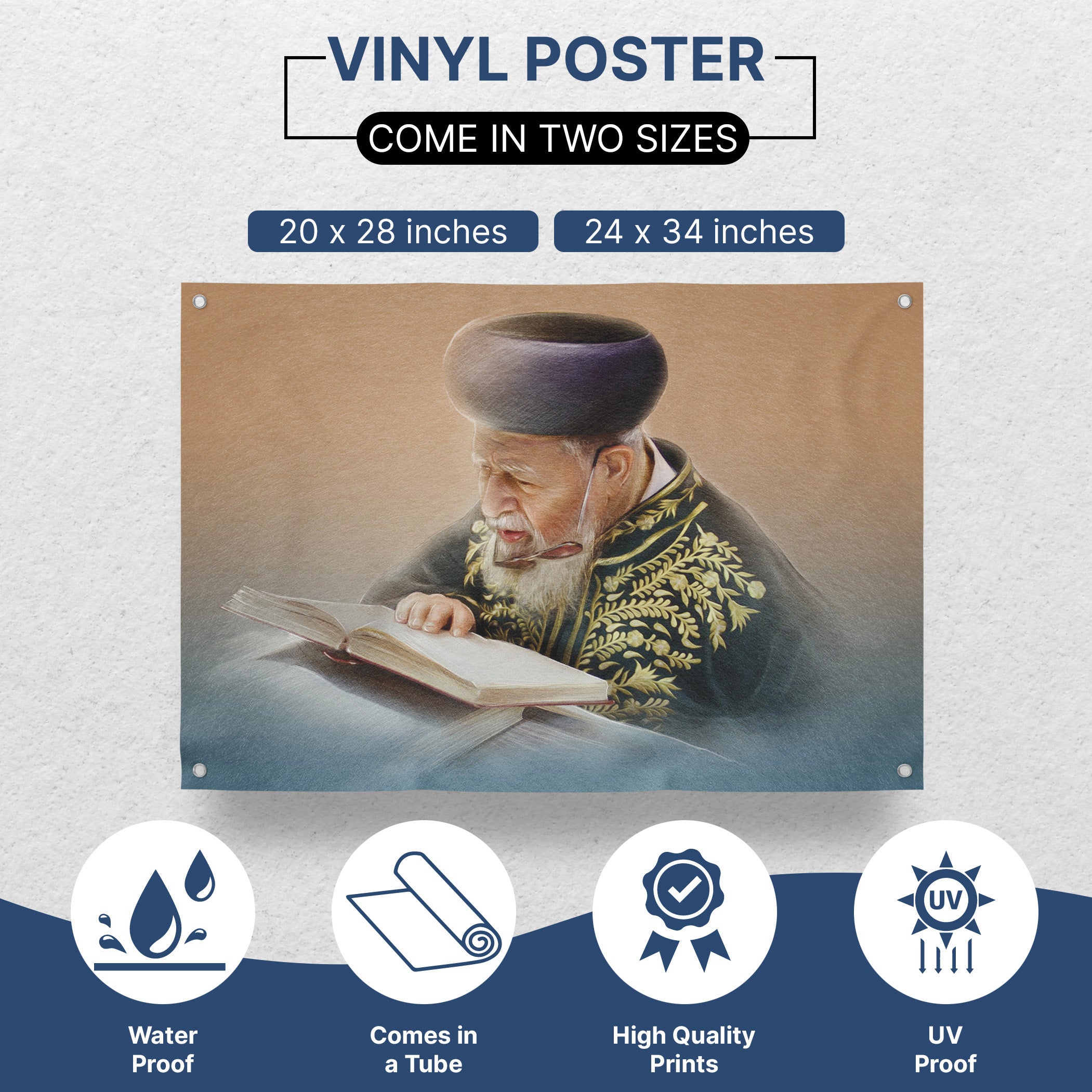 Rabbi Ovadia Yosef in Torah Study - Artistic Insight Poster showcasing the Rabbi deeply engaged in reading, ideal for enhancing Sukkah decor with intellectual depth.