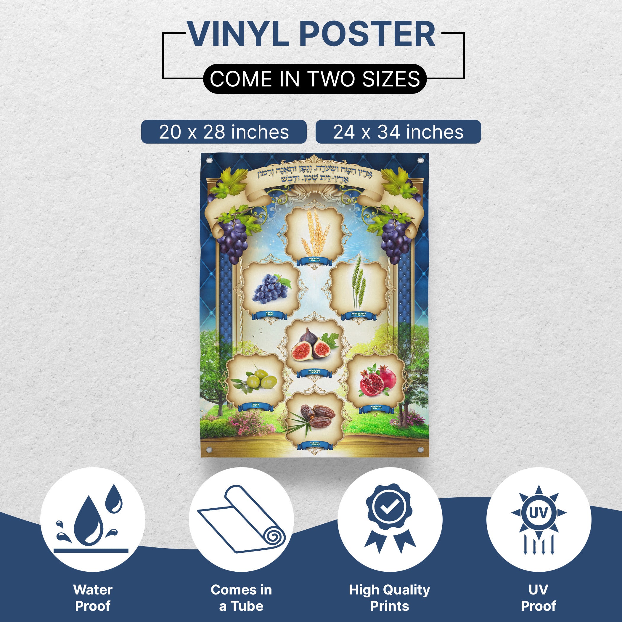 Elegant Seven Species Sukkah Poster - Vibrant Sukkot Wall Art showcasing detailed grapes, symbolizing prosperity, perfect for enhancing your Sukkah celebrations.