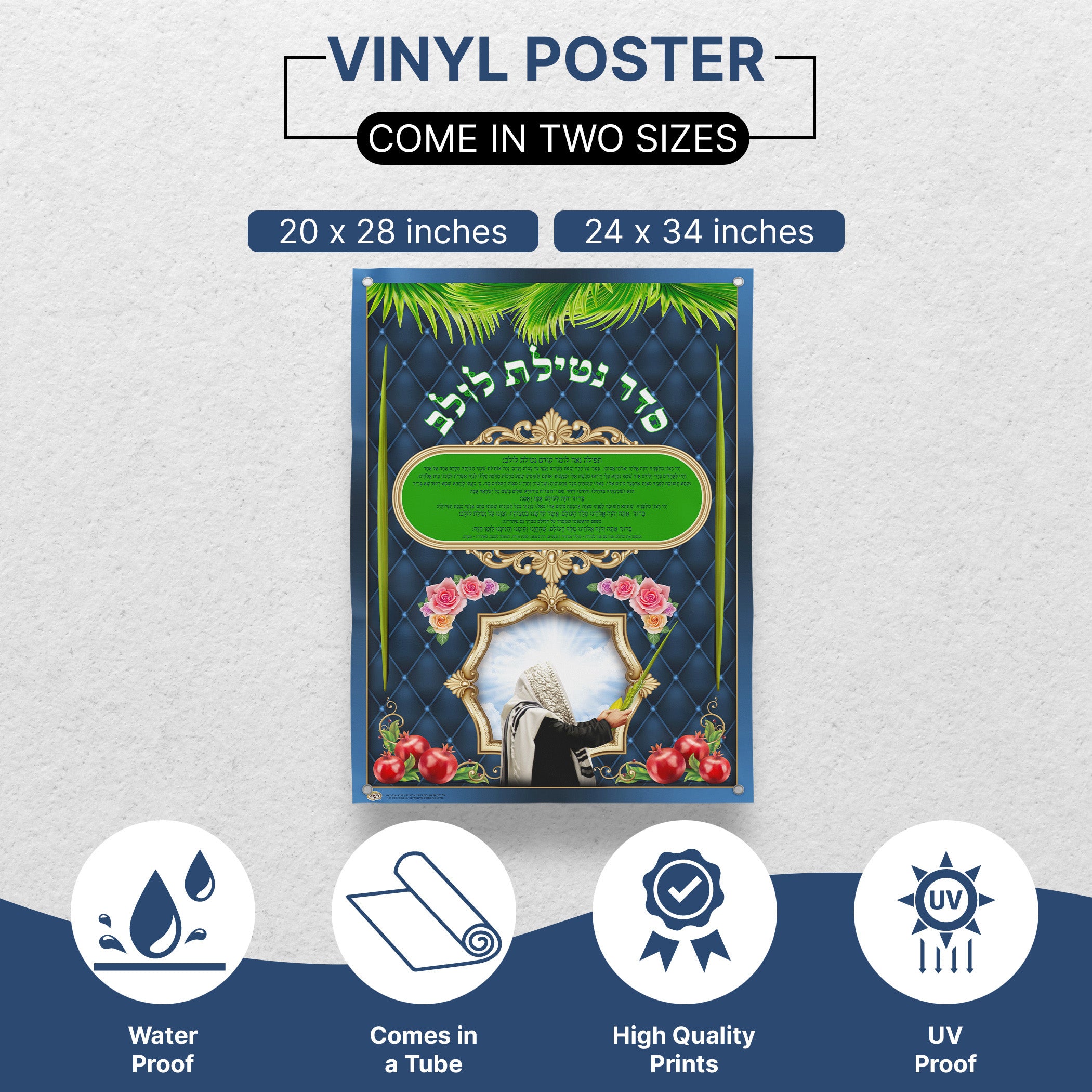 Seder Netilat Lulav and Sukkot Symbols - Ritual Poster featuring prayer text and four species graphics for Sukkot, perfect for enhancing your Sukkah decor.
