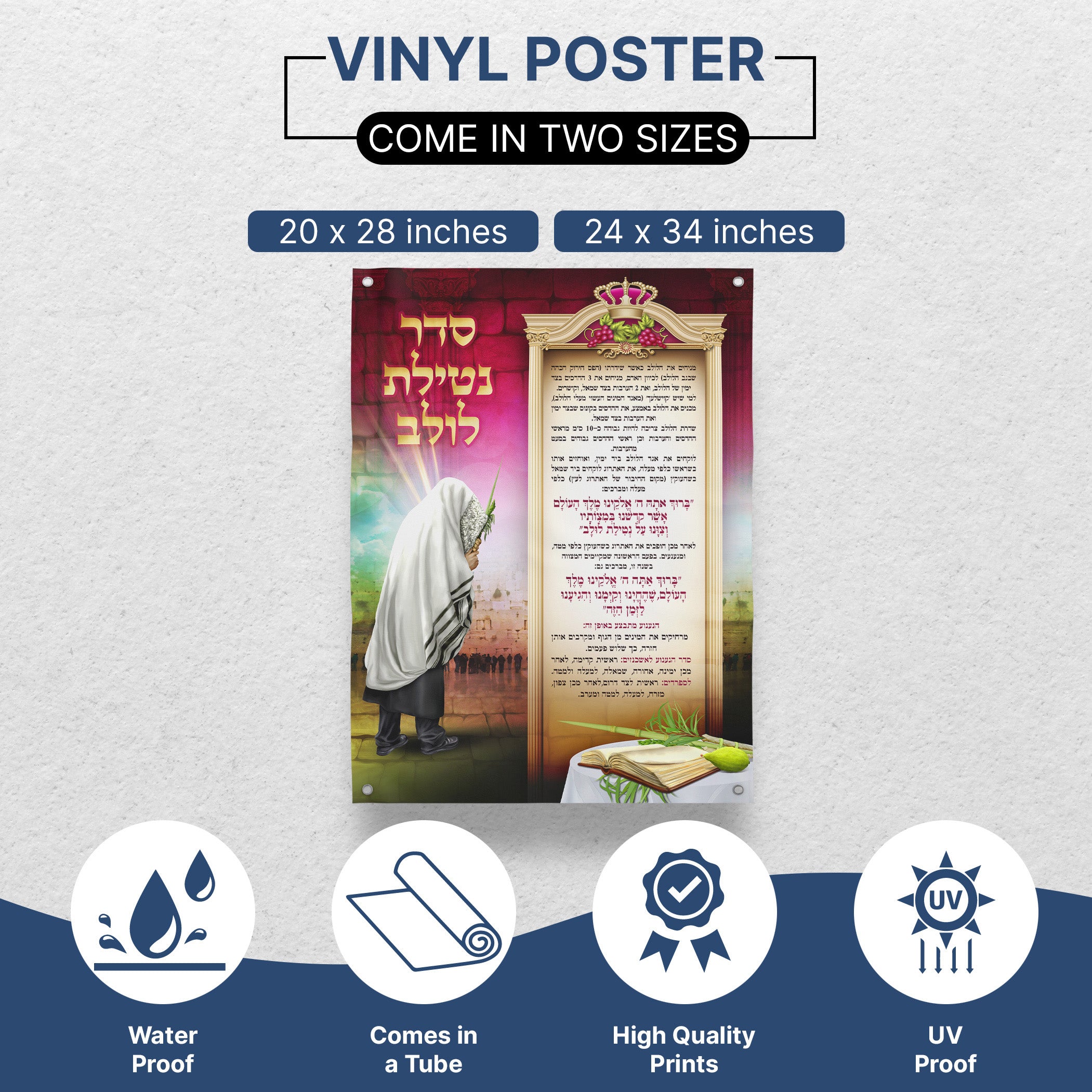 Seder Netilat Lulav Poster - Sukkot Ritual Guide featuring detailed illustrations and text for the lulav waving ritual, enhancing your Sukkot celebration.