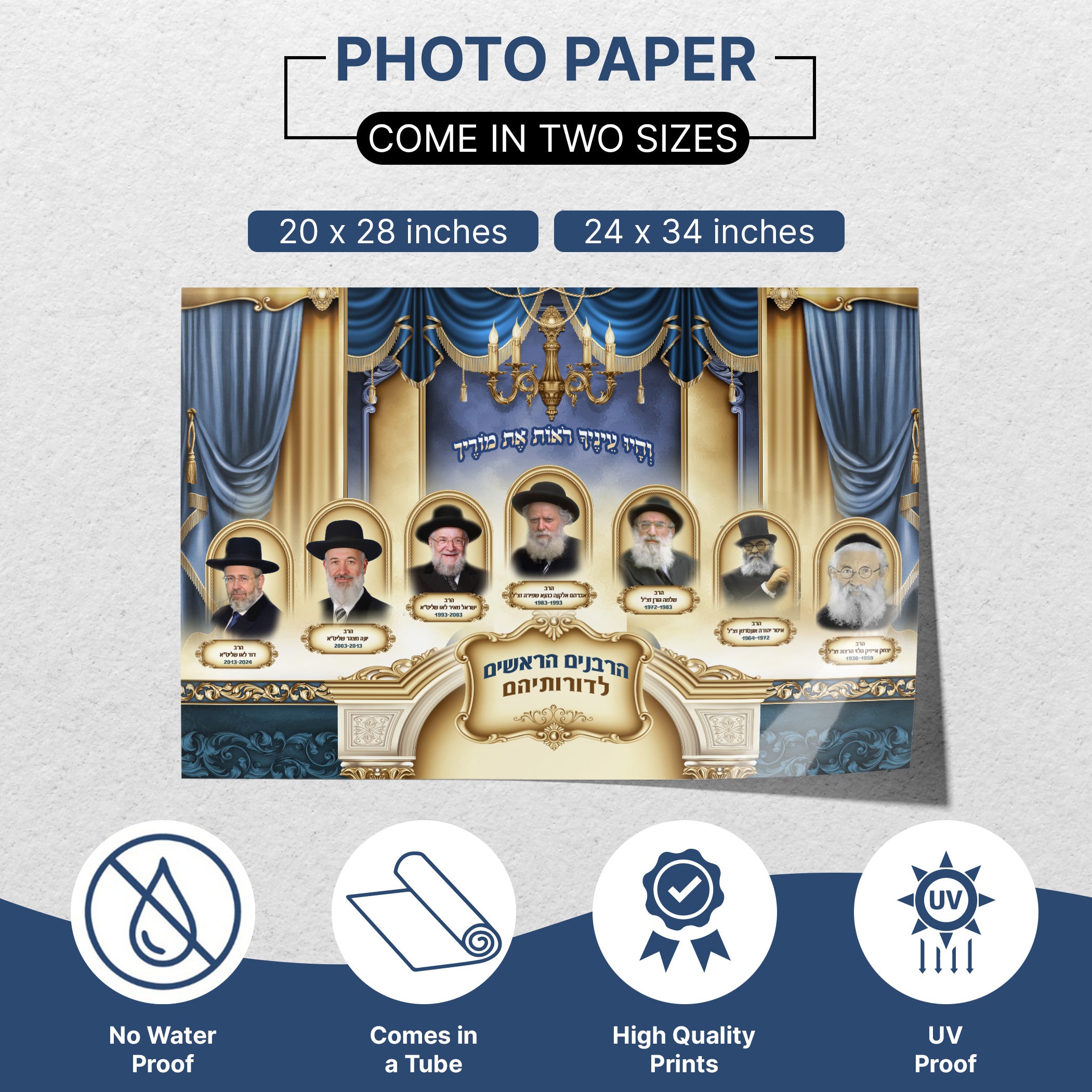 Portrait Collection of Israel’s Chief Ashkenaz Rabbis poster, showcasing revered leaders, ideal for Sukkah decoration, waterproof and UV-proof for outdoor use.