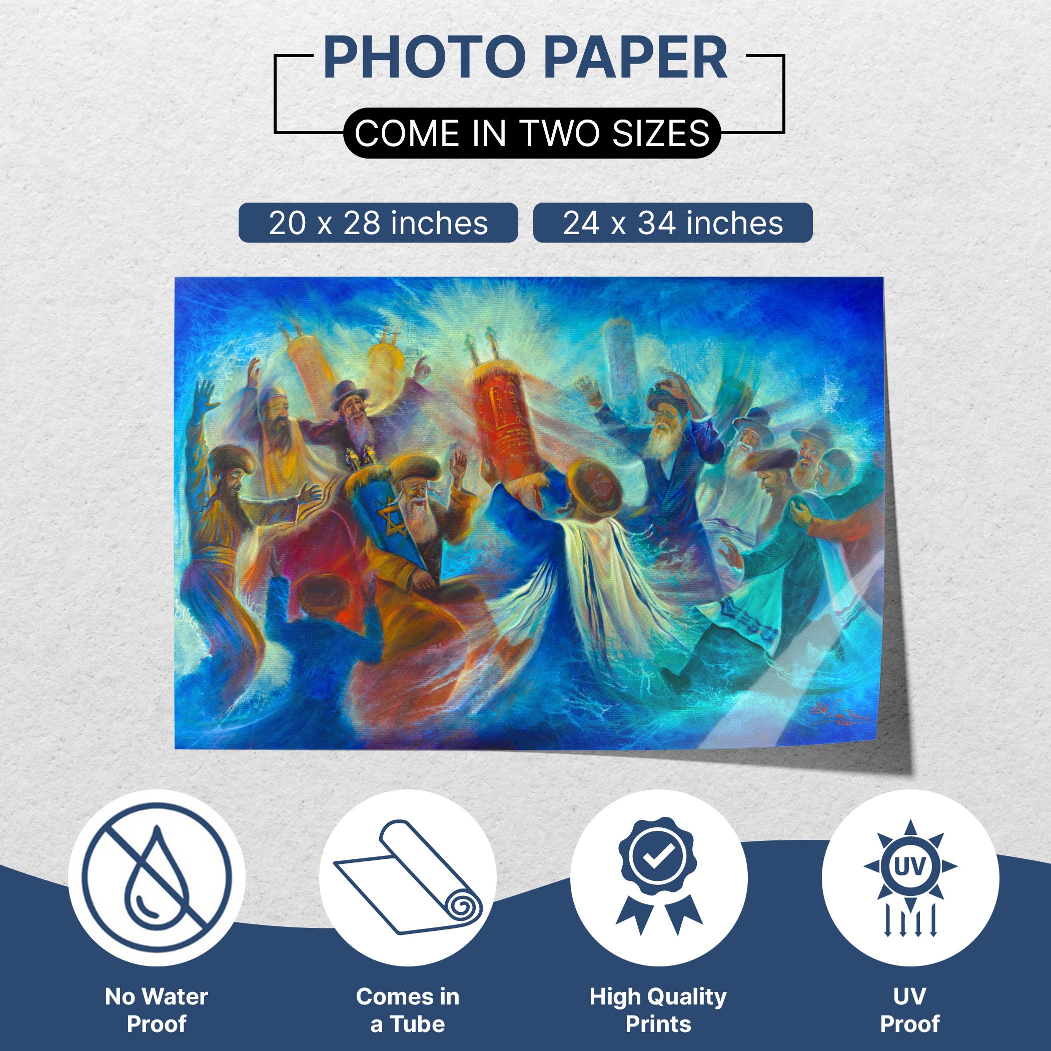Vibrant Jewish Dancing with the Torah Poster depicting lively celebration, ideal for Sukkah decor. Perfect for enhancing festive spirit and Jewish tradition.