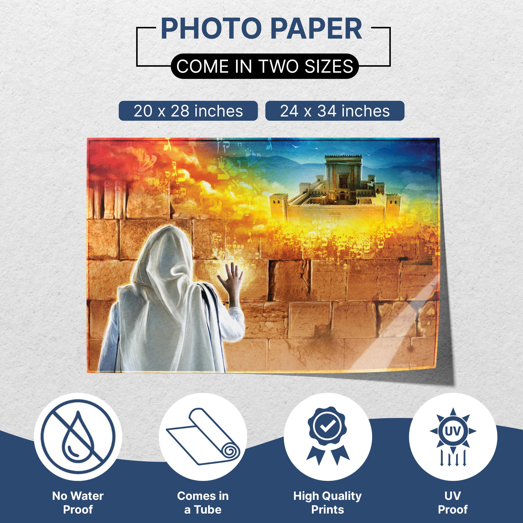 Prayer at Western Wall Poster - Jewish Devotion with Tallit in Sukkah Art, featuring a person in a white robe praying, symbolizing spirituality and tradition.