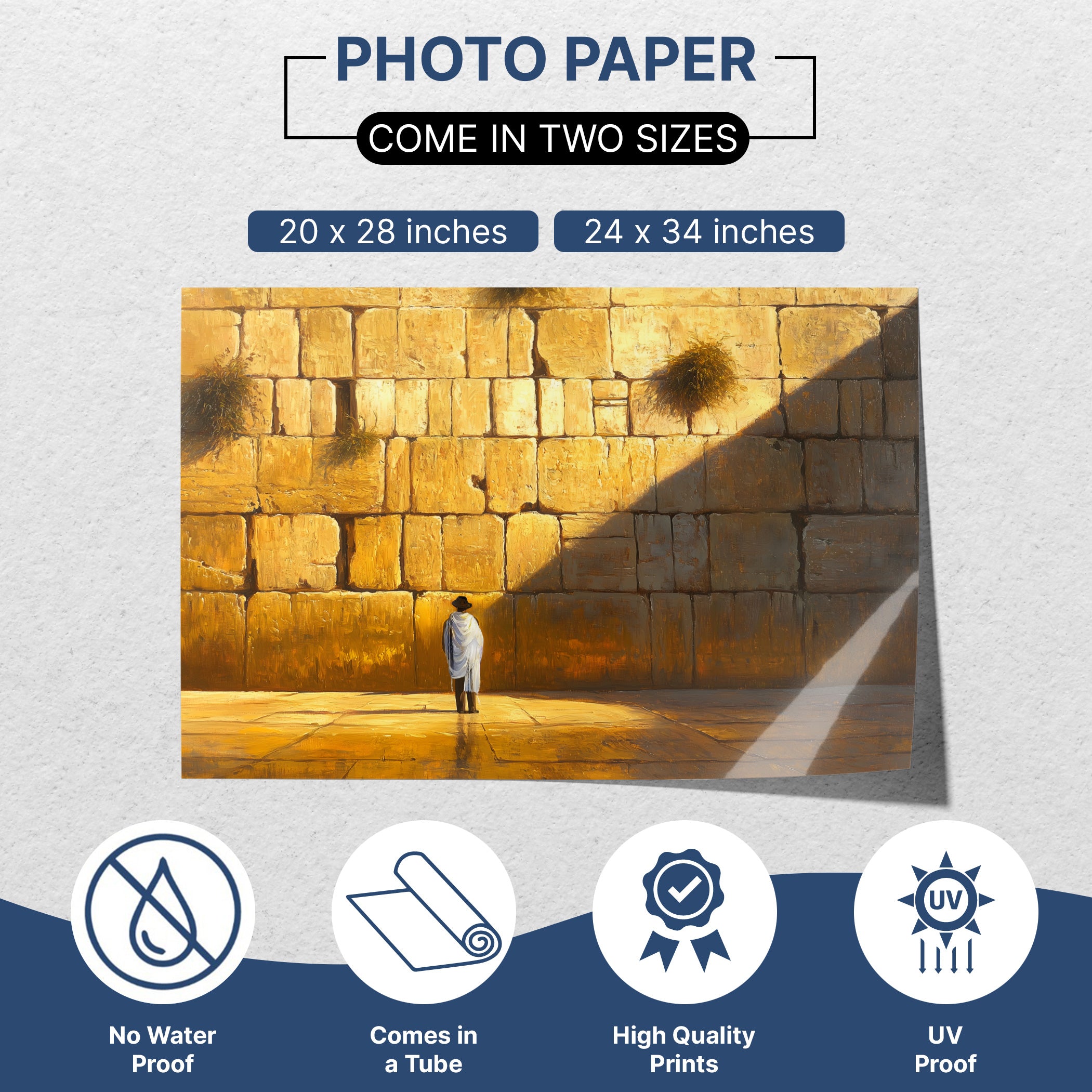 Western Wall prayer poster for sukkah decoration, available in two sizes, ideal Sukkot holiday wall art.