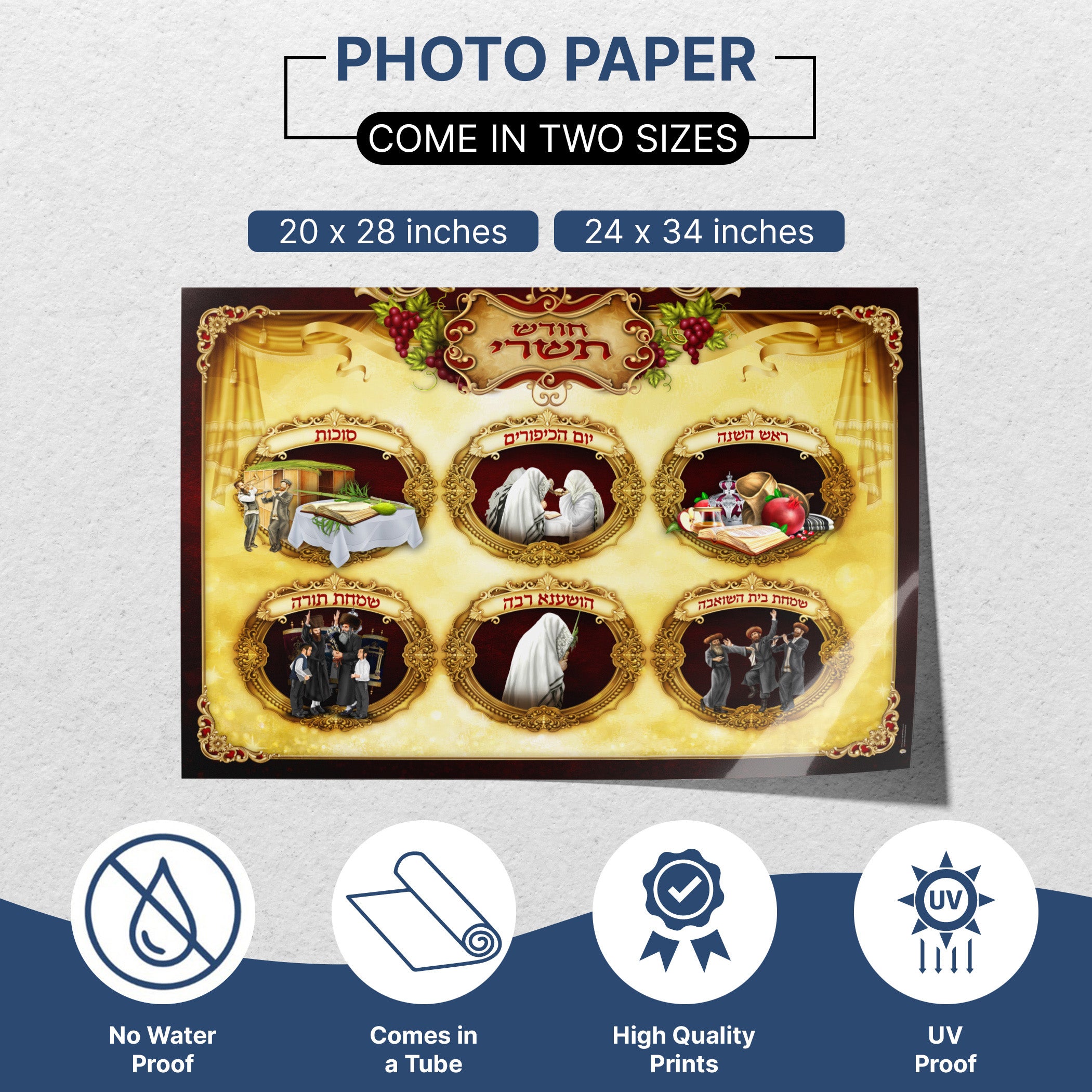 Tishrei Jewish Holidays Poster - Comprehensive Festivals Art for Sukkah, featuring diverse holiday symbols, perfect for educational and decorative use in your Sukkah display.