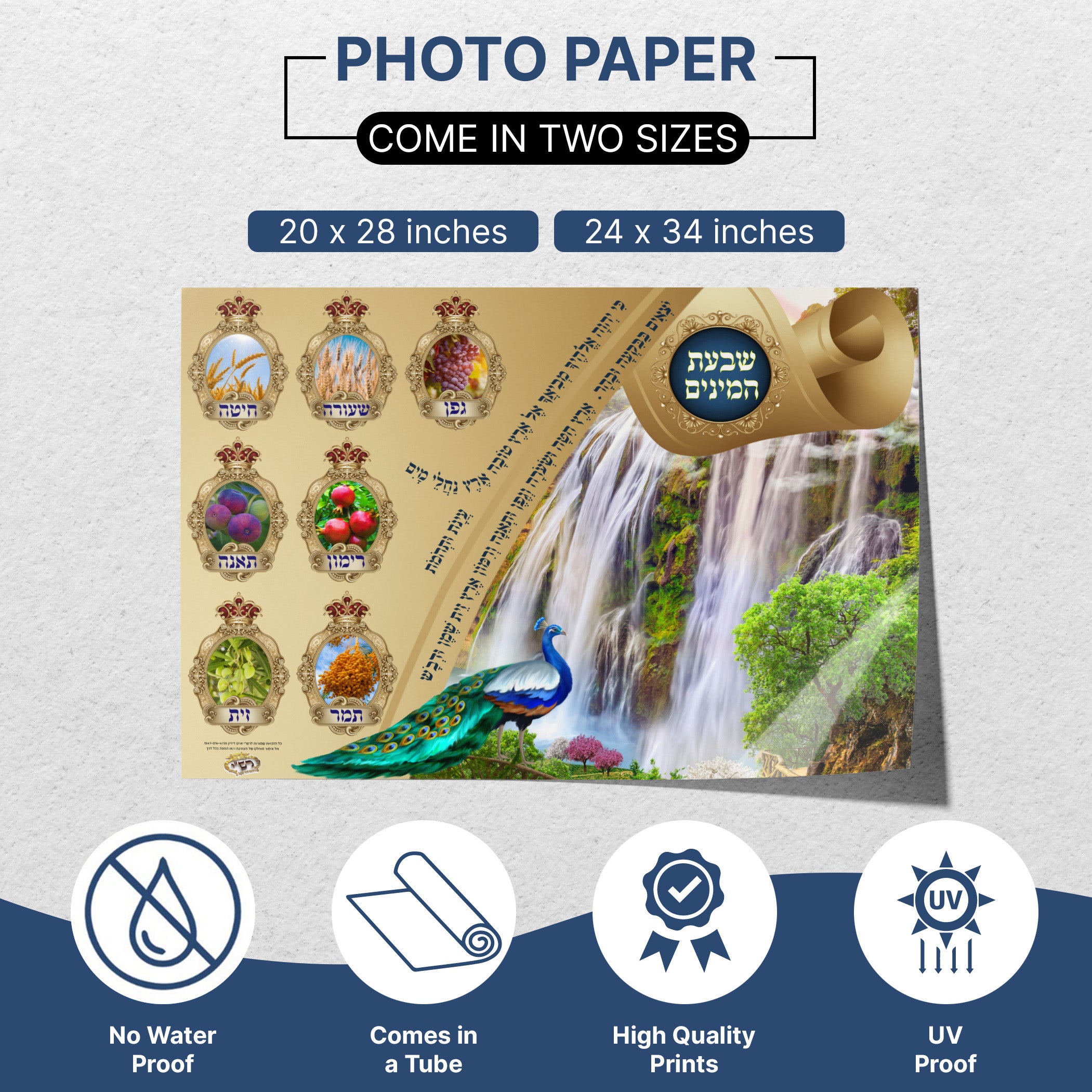 Seven Species Sukkah Poster - Traditional & Artistic Sukkot Mural featuring a peacock and waterfall, symbolizing prosperity and blessings, enhancing your Sukkah with vibrant Jewish heritage.