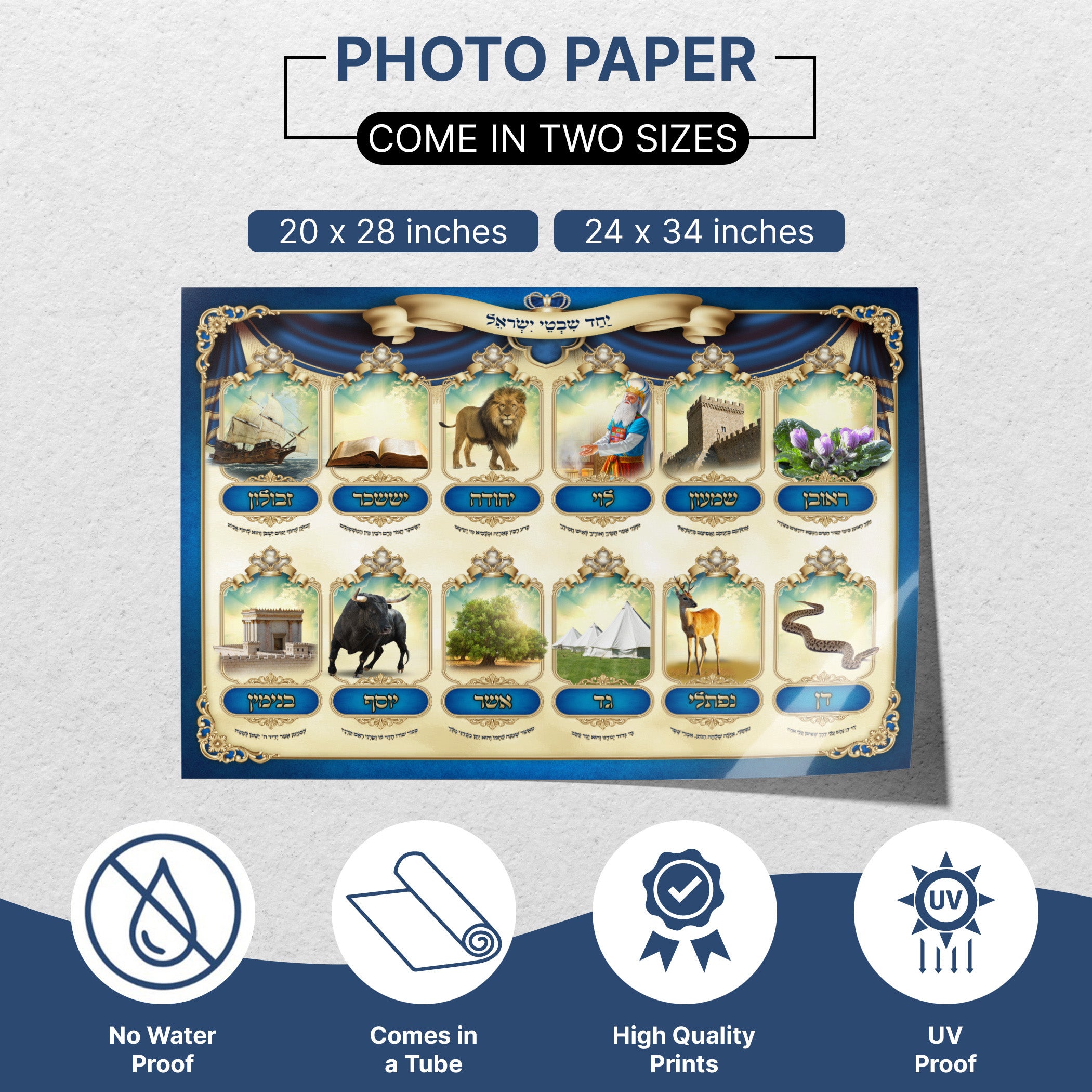 Twelve Tribes of Israel Poster featuring symbolic tribal emblems, ideal for Sukkah decor. Educational and vibrant, perfect for celebrating Jewish heritage.