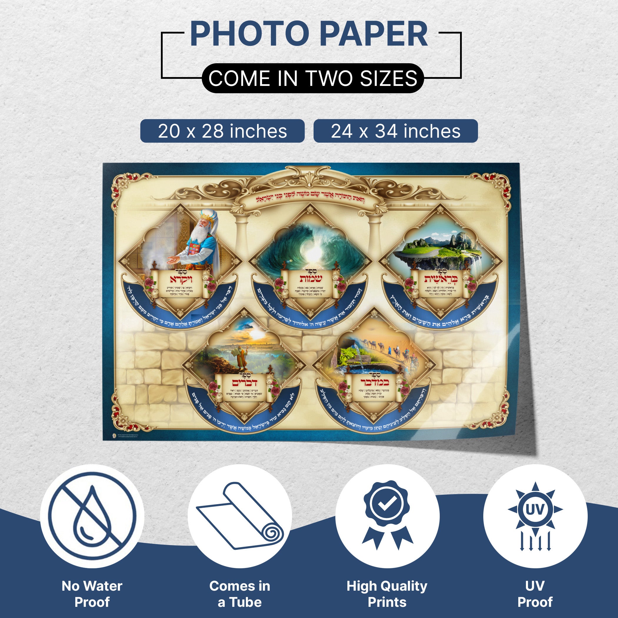 Chamish Chumshei Torah Poster with elegant Torah scroll design for Sukkah, showcasing different size options on high-quality photo paper from Ben Ari Art Gallery.