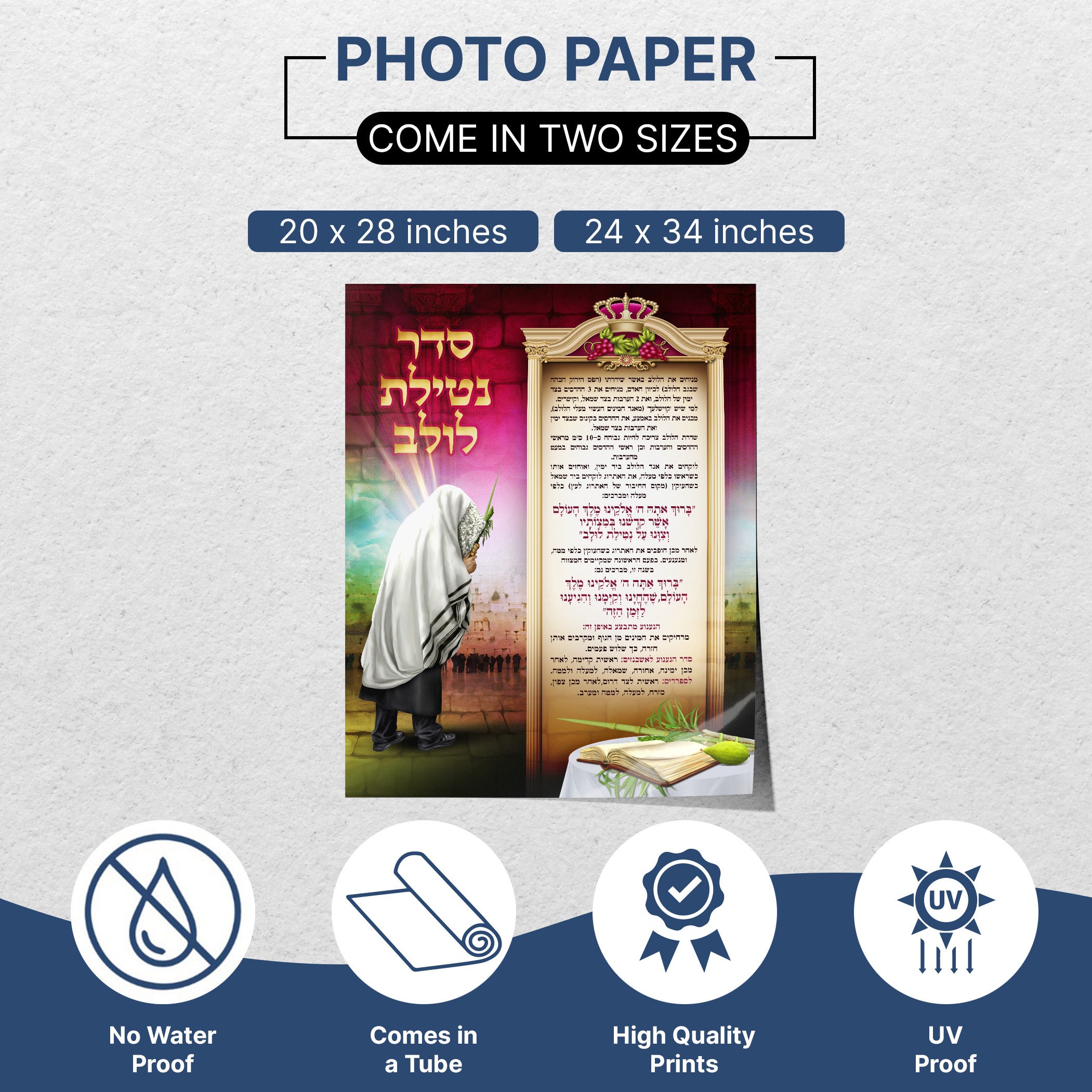 Seder Netilat Lulav Poster - Sukkot Ritual Guide featuring detailed illustrations and text, ideal for enhancing Sukkot celebrations with educational and decorative elements.