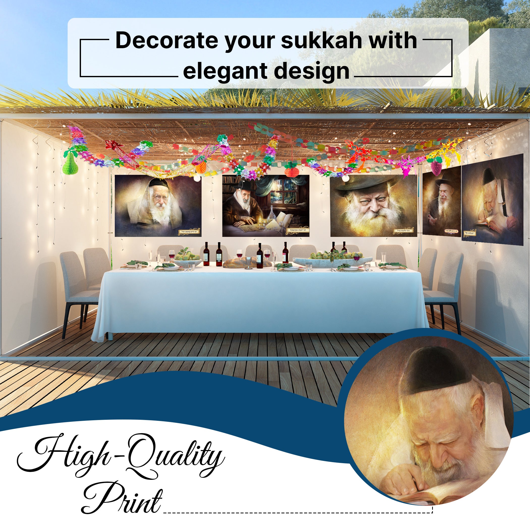 Sukkah decorated with Chabad portraits, festive garlands, and table setting, ideal for Sukkot decor and holiday wall art.