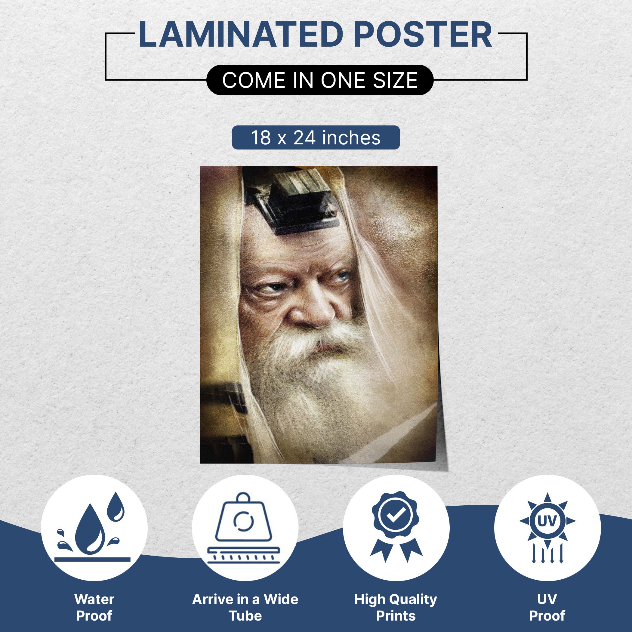 Lubavitch Rebbe in Tefillin - Revered Rabbi Portrait for Sukkot, featuring the Rebbe with a white beard, enhancing your sukkah with spiritual inspiration.