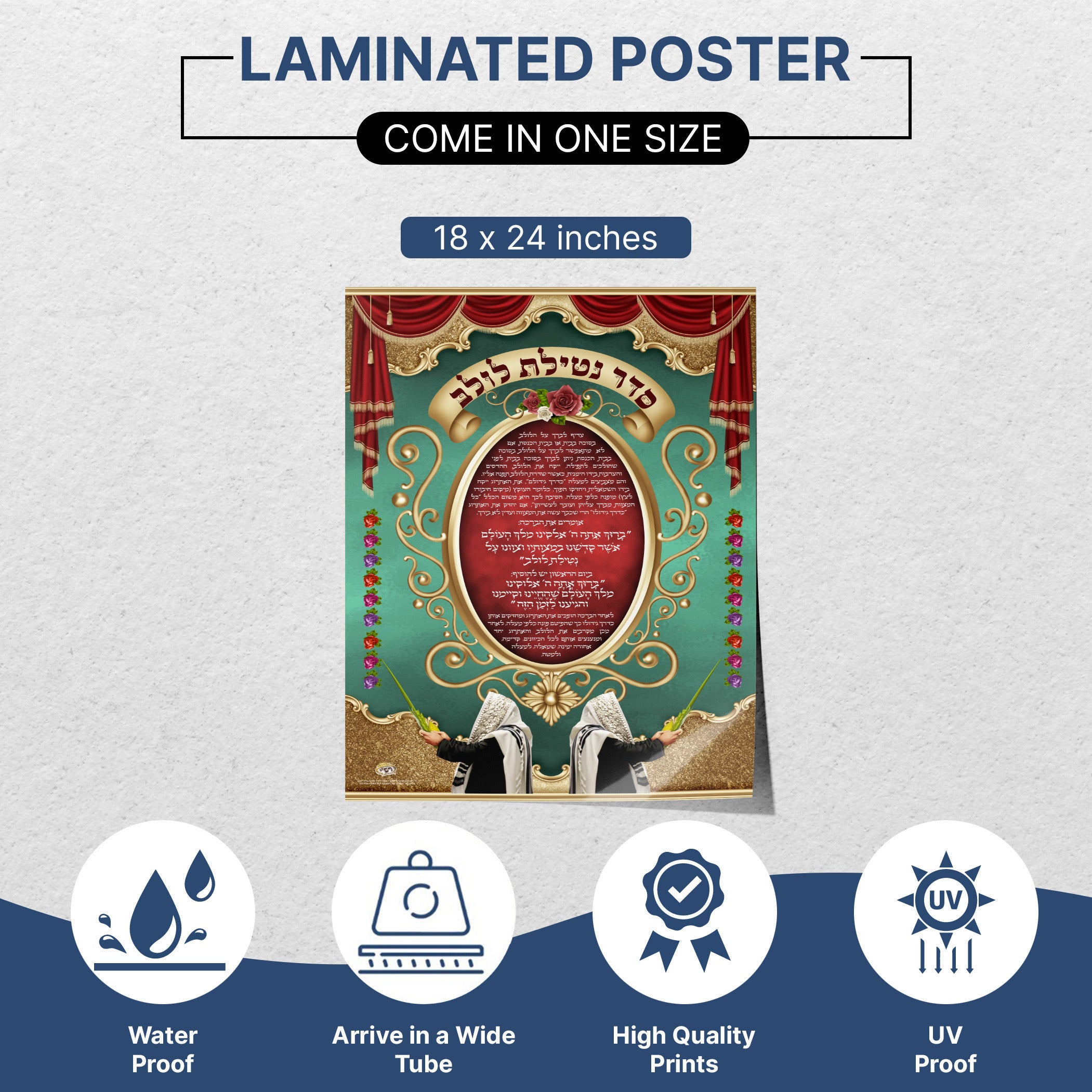 Lulav and Etrog Blessing - Sukkot Ritual Poster with gold frame, featuring blessing text and symbolic imagery for Sukkot, enhancing spiritual and educational ambiance.