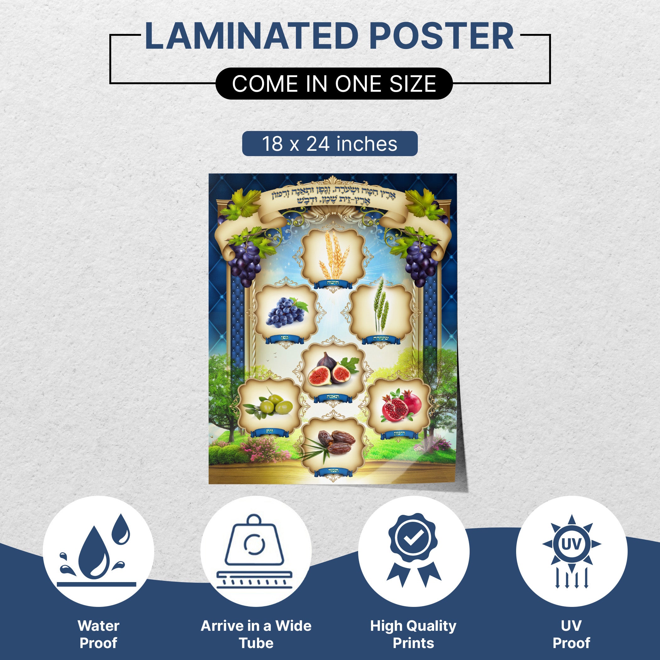 Elegant Seven Species Sukkah Poster showcasing vibrant Sukkot wall art with detailed illustrations of the Seven Species, ideal for enhancing your festive Sukkah decor.