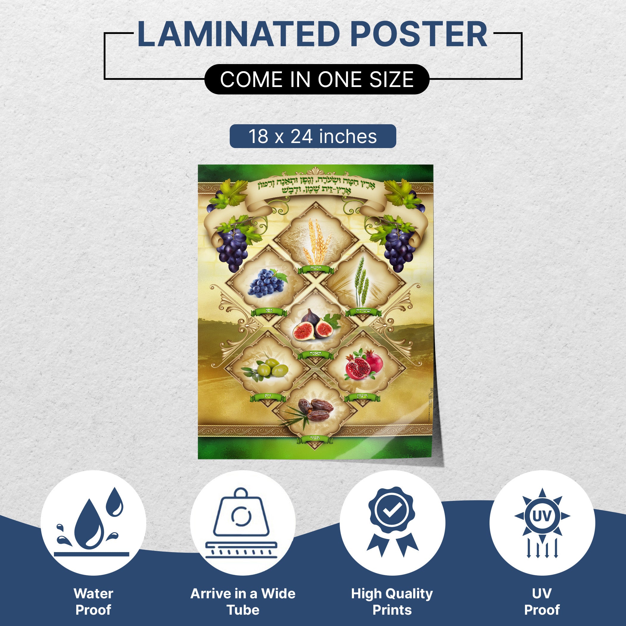 The Seven Species - Traditional Sukkot Harvest Poster featuring grapes, figs, and dates, ideal for enriching your sukkah decor with symbolic biblical imagery.