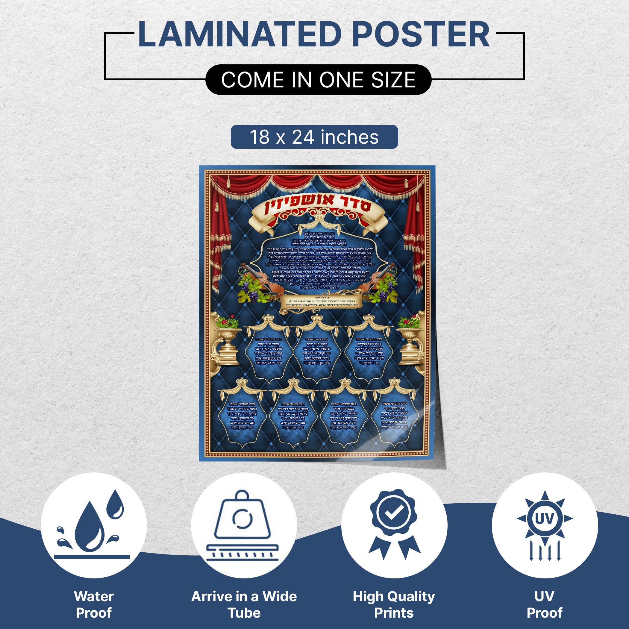 Seder Ushpizin - Fourth Edition Welcoming Poster for Sukkot, featuring symbolic icons and text that enhance your Sukkah with tradition and artistic flair.