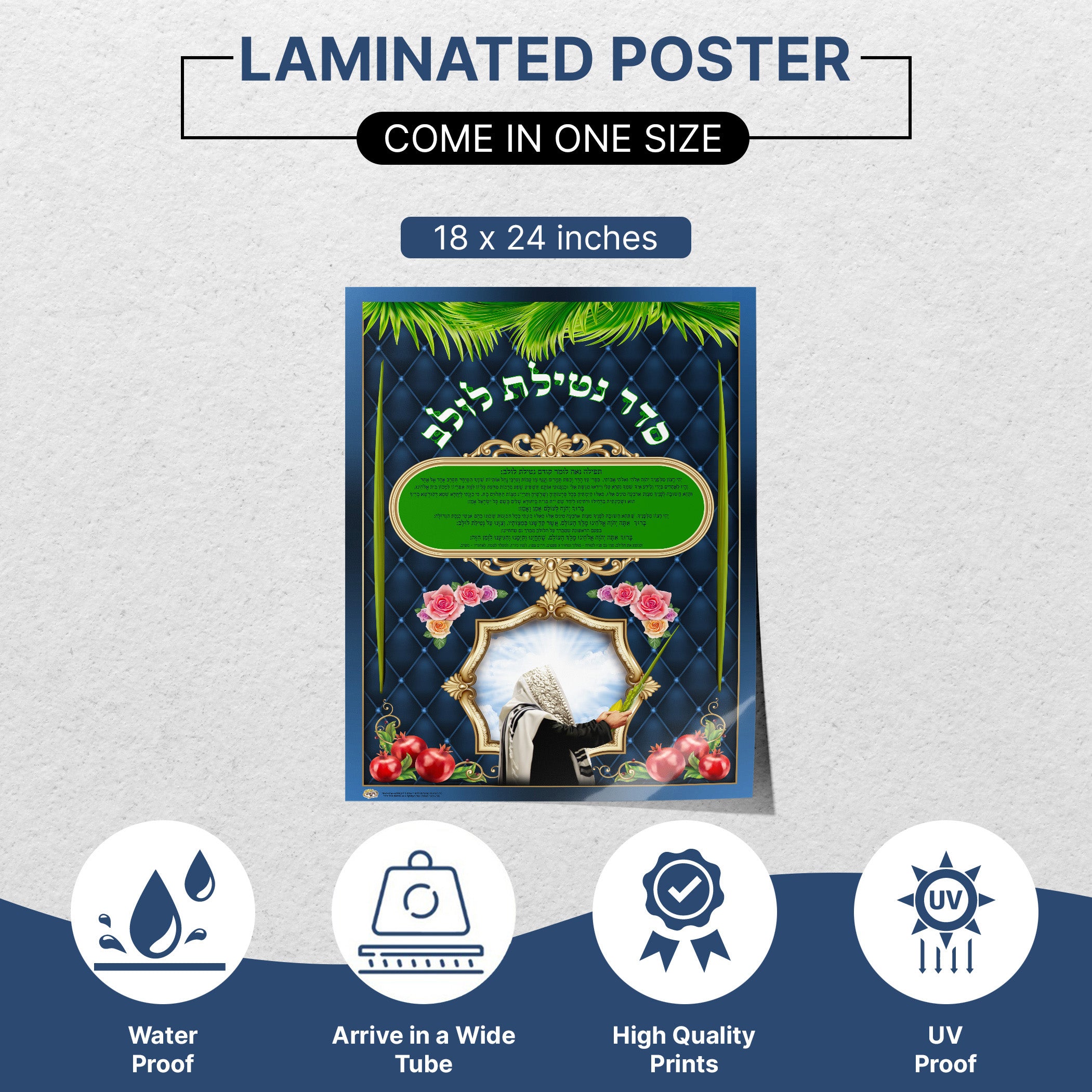 Seder Netilat Lulav and Sukkot Symbols - Ritual Poster, featuring prayer text and Sukkot imagery, enhancing Sukkah decor with educational graphics of four species.